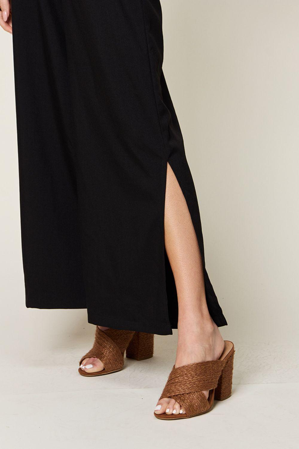 Double Take Full Size V-Neck Tied Side Slit Jumpsuit - Clothes For Her Online Store