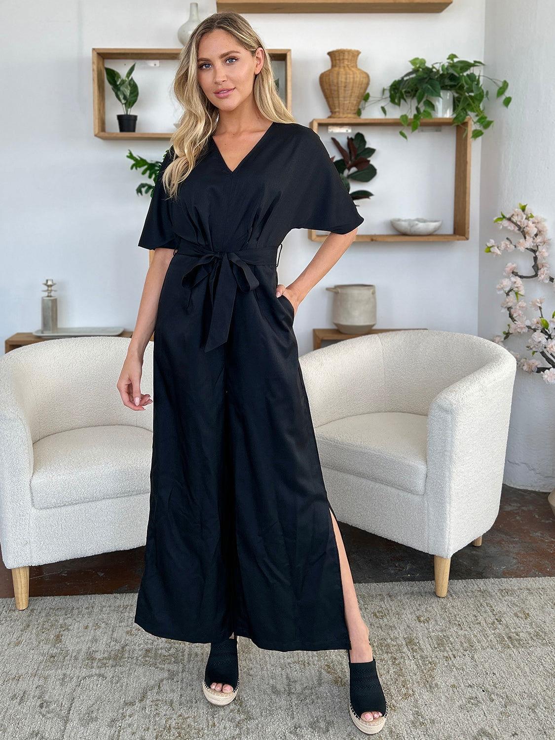 Double Take Full Size V-Neck Tied Side Slit Jumpsuit - Clothes For Her Online Store