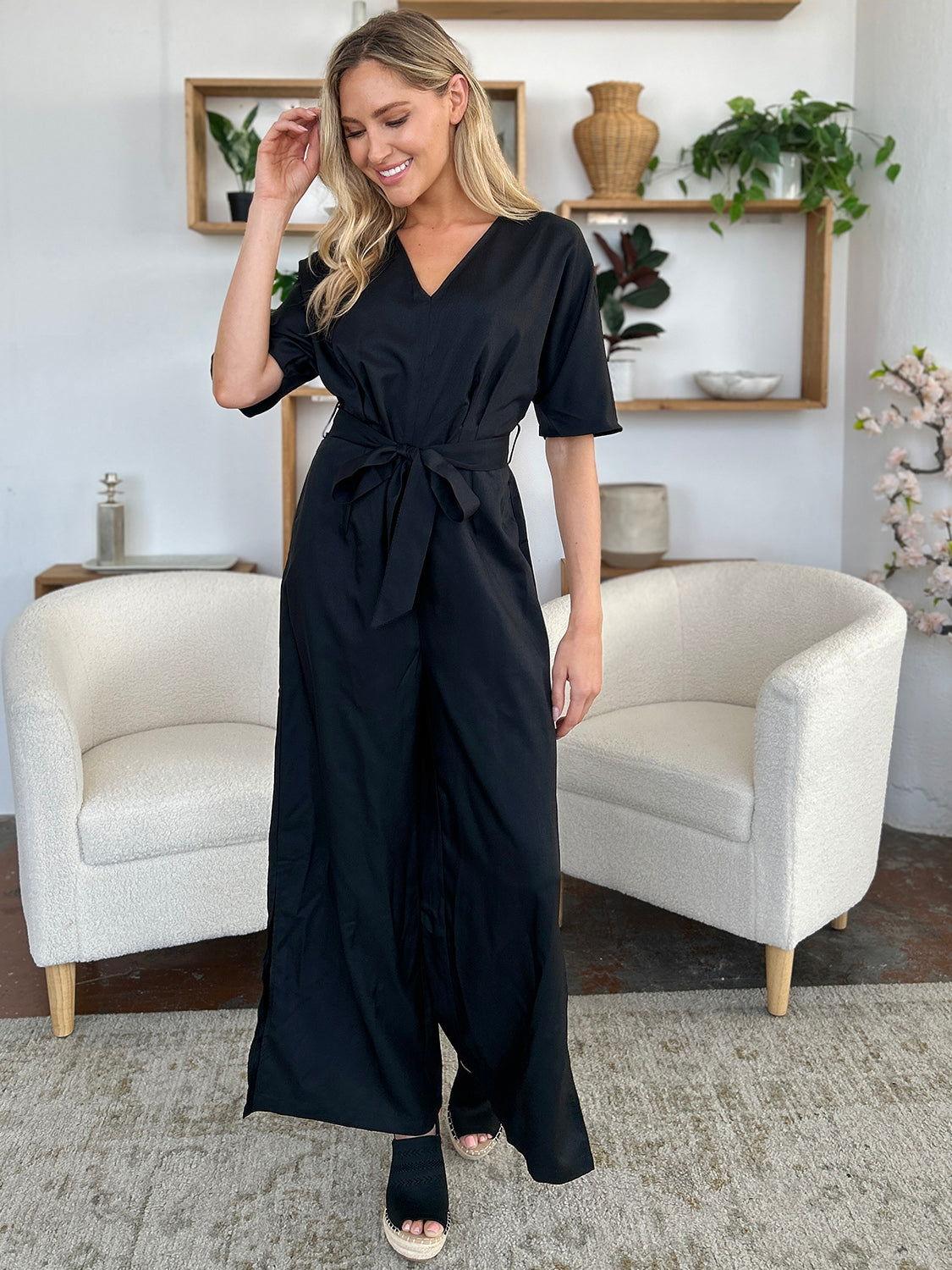 Double Take Full Size V-Neck Tied Side Slit Jumpsuit - Clothes For Her Online Store