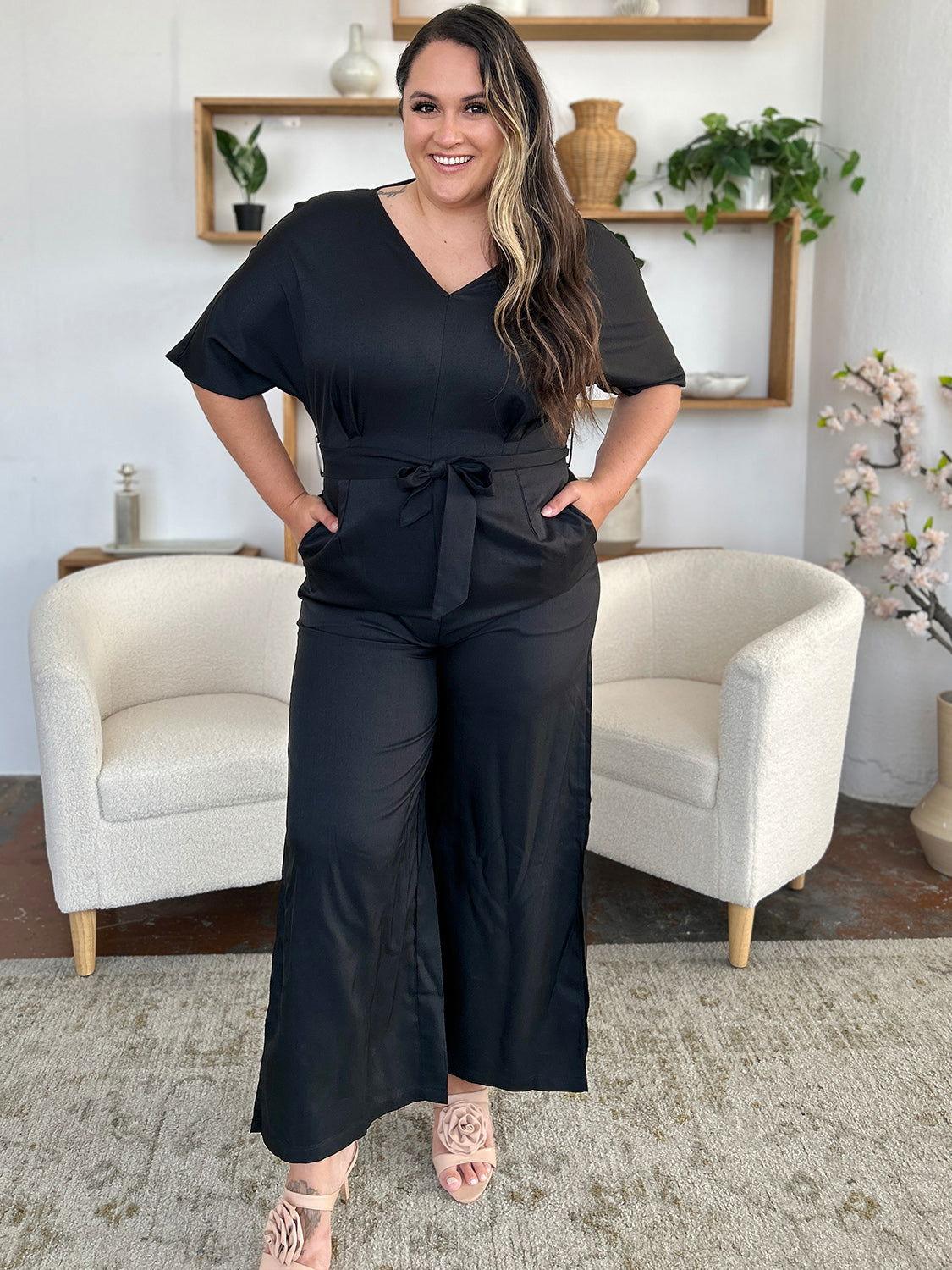 Double Take Full Size V-Neck Tied Side Slit Jumpsuit - Clothes For Her Online Store