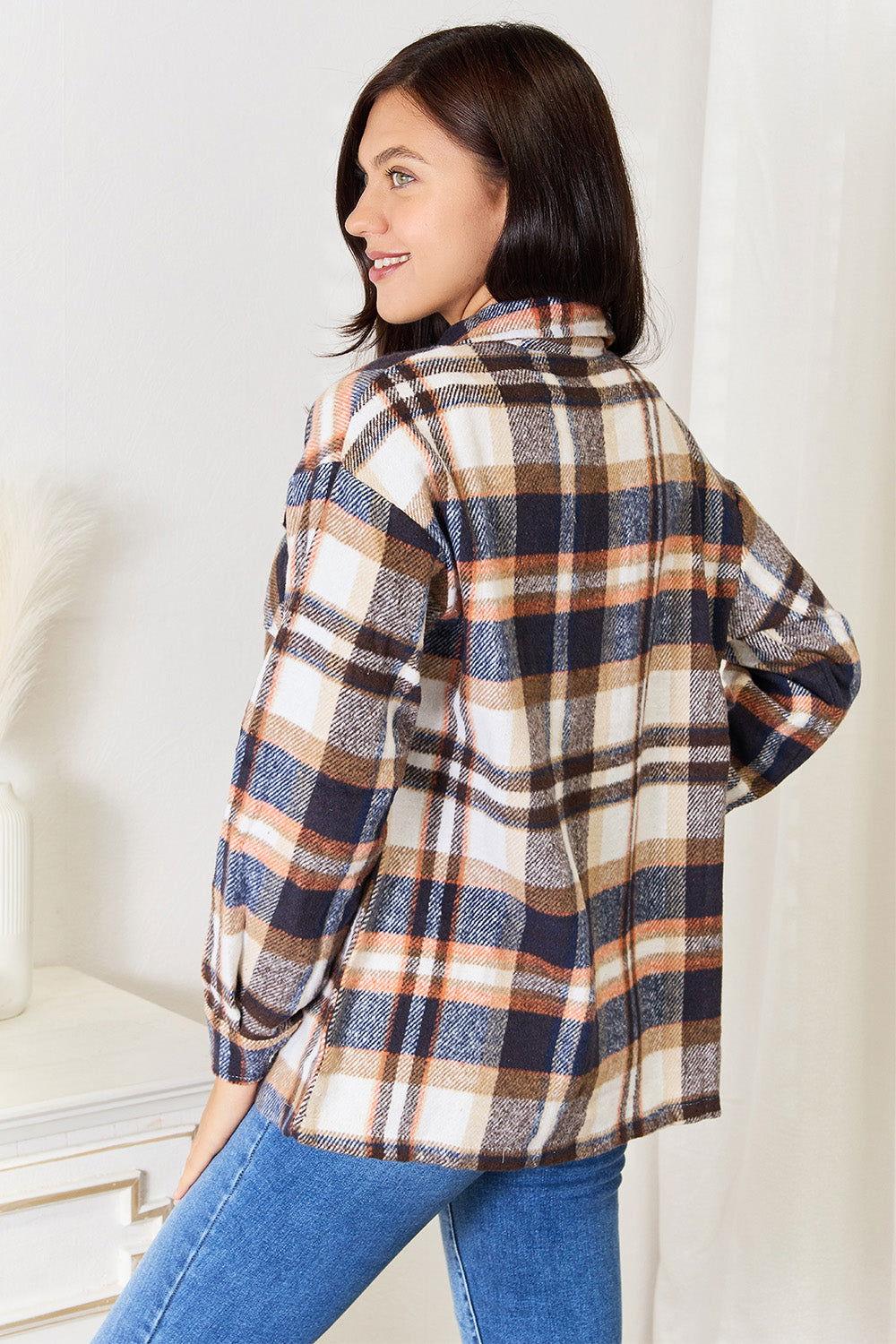Double Take Plaid Button Front Shirt Jacket with Breast Pockets - Clothes For Her Online Store