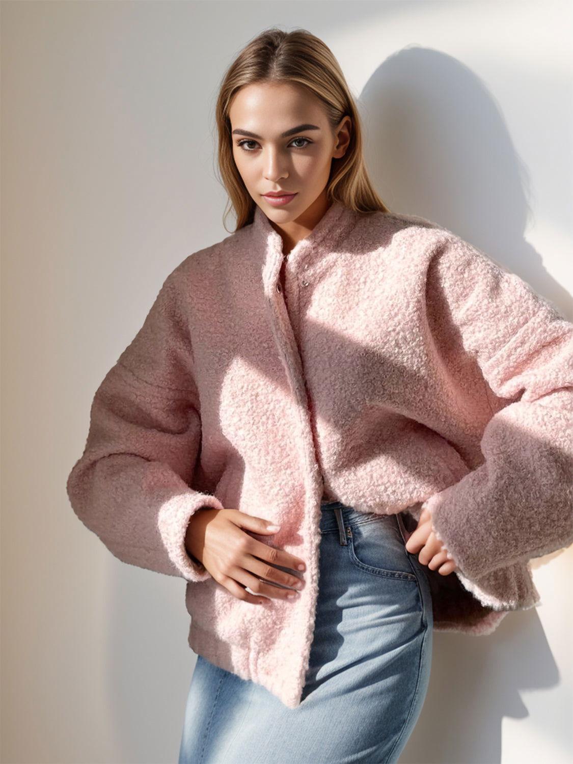 Double Take Plush Mock Neck Snap Down Jacket with Pockets - Clothes For Her Online Store