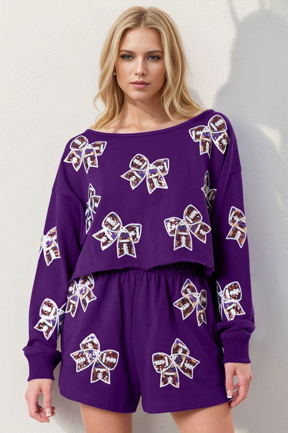 Double Take Sequin Bow Cropped Top and Shorts Set - Clothes For Her Online Store