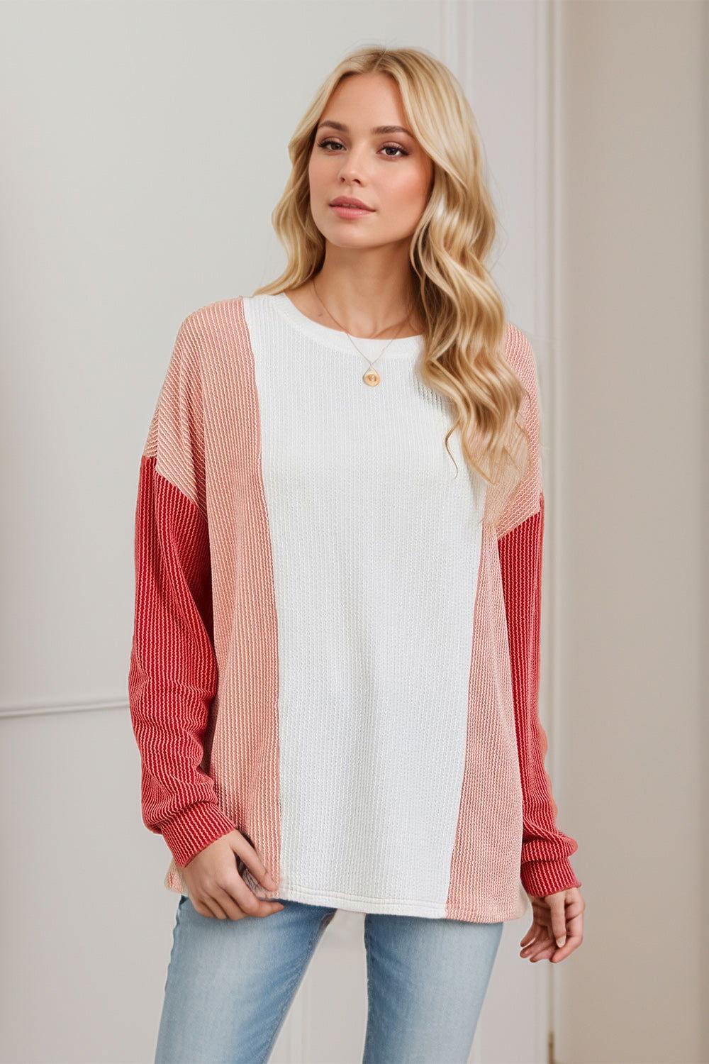Double Take Texture Contrast Round Neck Long Sleeve T-Shirt - Clothes For Her Online Store