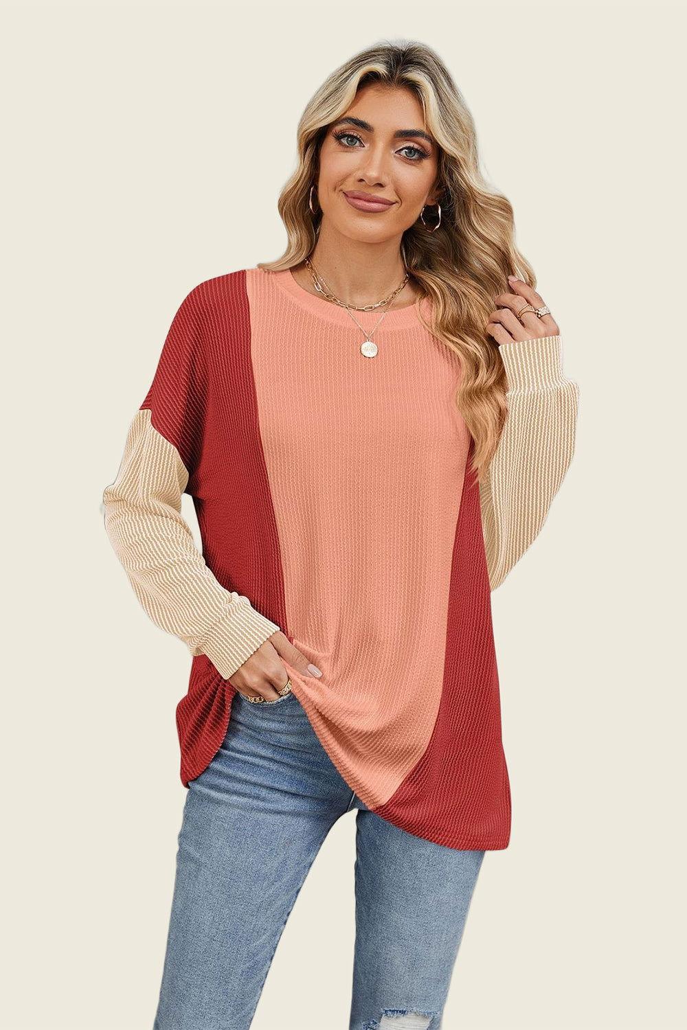 Double Take Texture Contrast Round Neck Long Sleeve T-Shirt - Clothes For Her Online Store