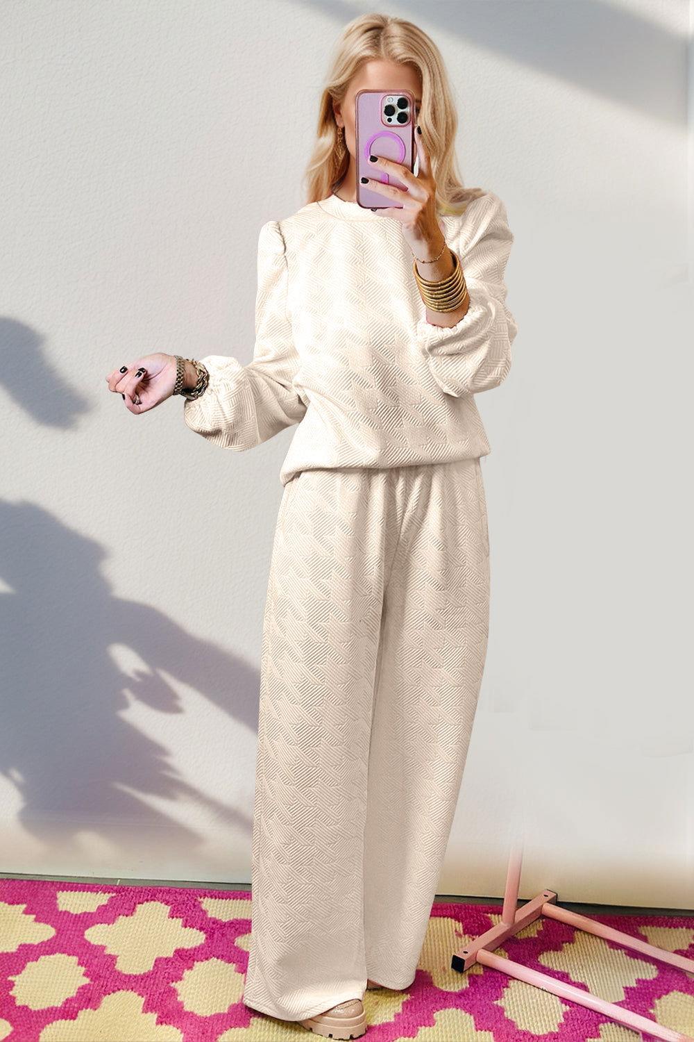 Double Take Texture Long Sleeve Top and Wide Leg Pants Set - Clothes For Her Online Store