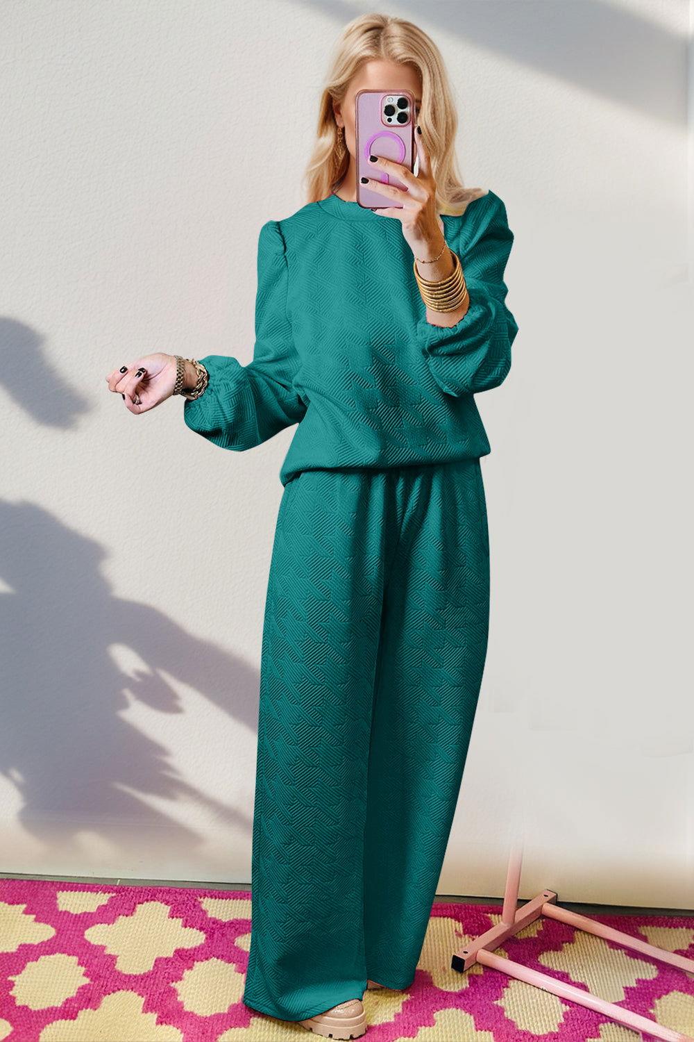 Double Take Texture Long Sleeve Top and Wide Leg Pants Set - Clothes For Her Online Store