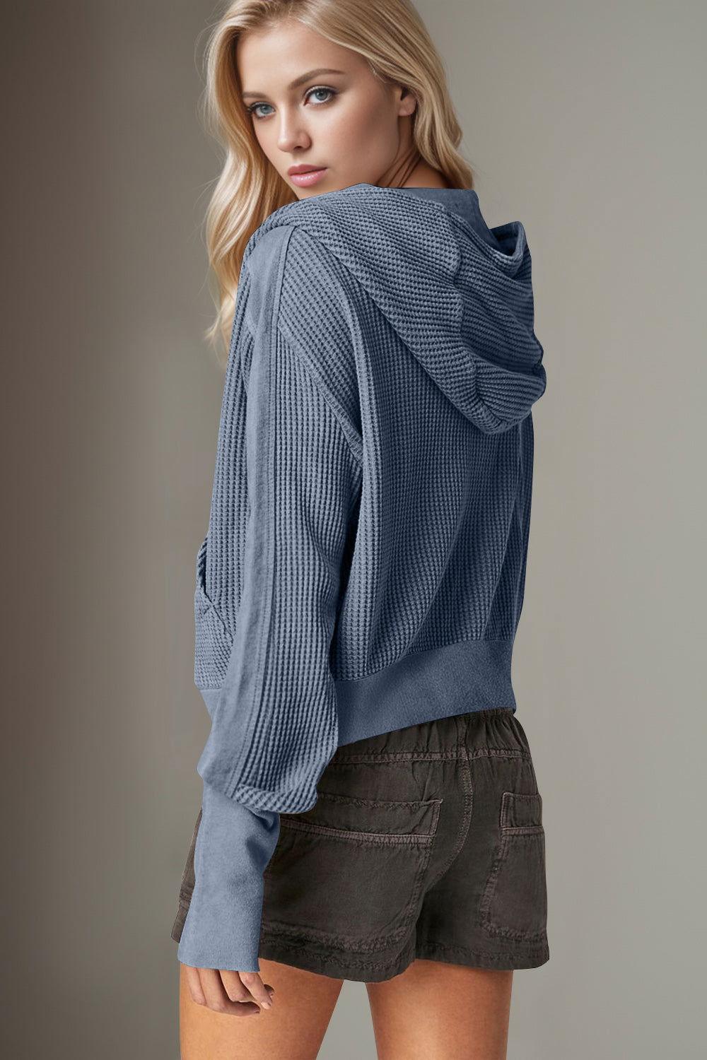 Double Take Waffle-Knit Zip Up Long Sleeve Hooded Jacket - Clothes For Her Online Store