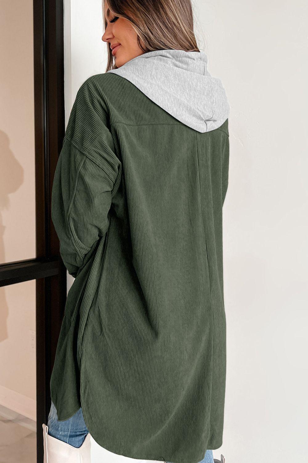 Drawstring Button Up Long Sleeve Hooded Jacket - Clothes For Her Online Store
