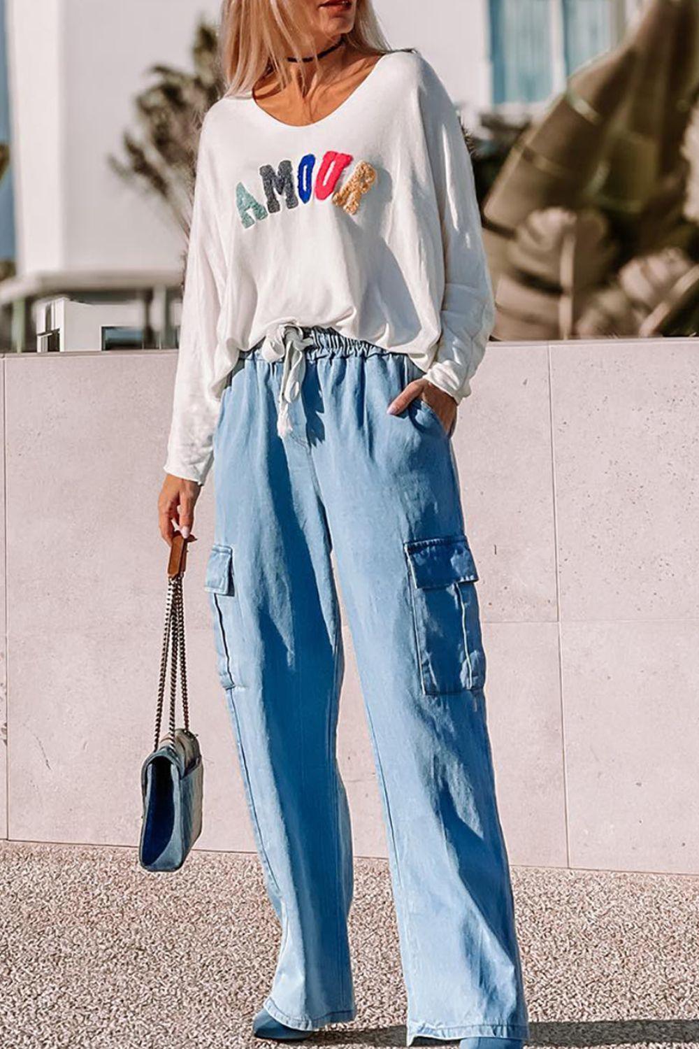 Drawstring Cargo Pocket Wide Leg Jeans - Clothes For Her Online Store
