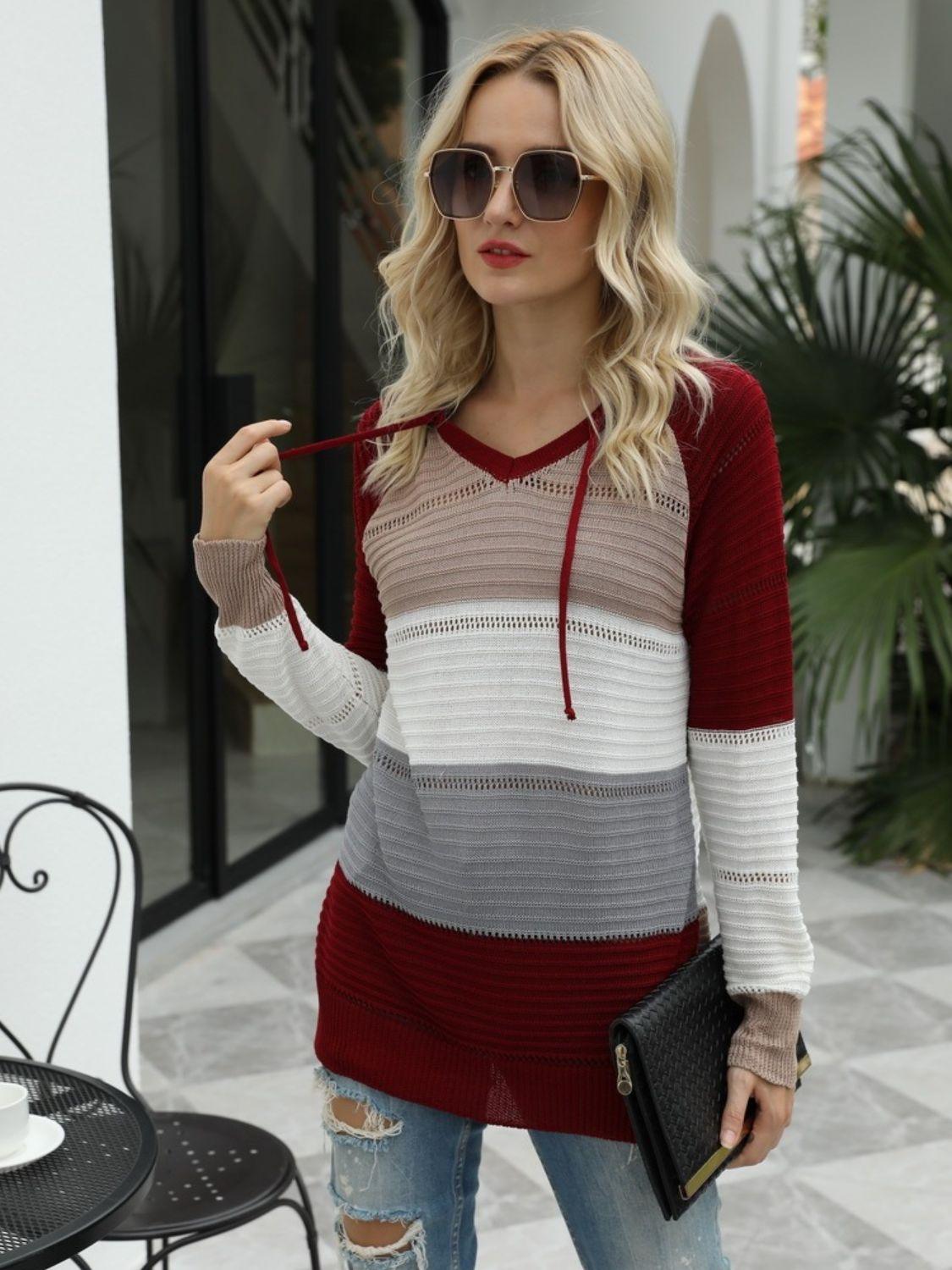 Drawstring Contrast Long Sleeve Hooded T-Shirt - Clothes For Her Online Store