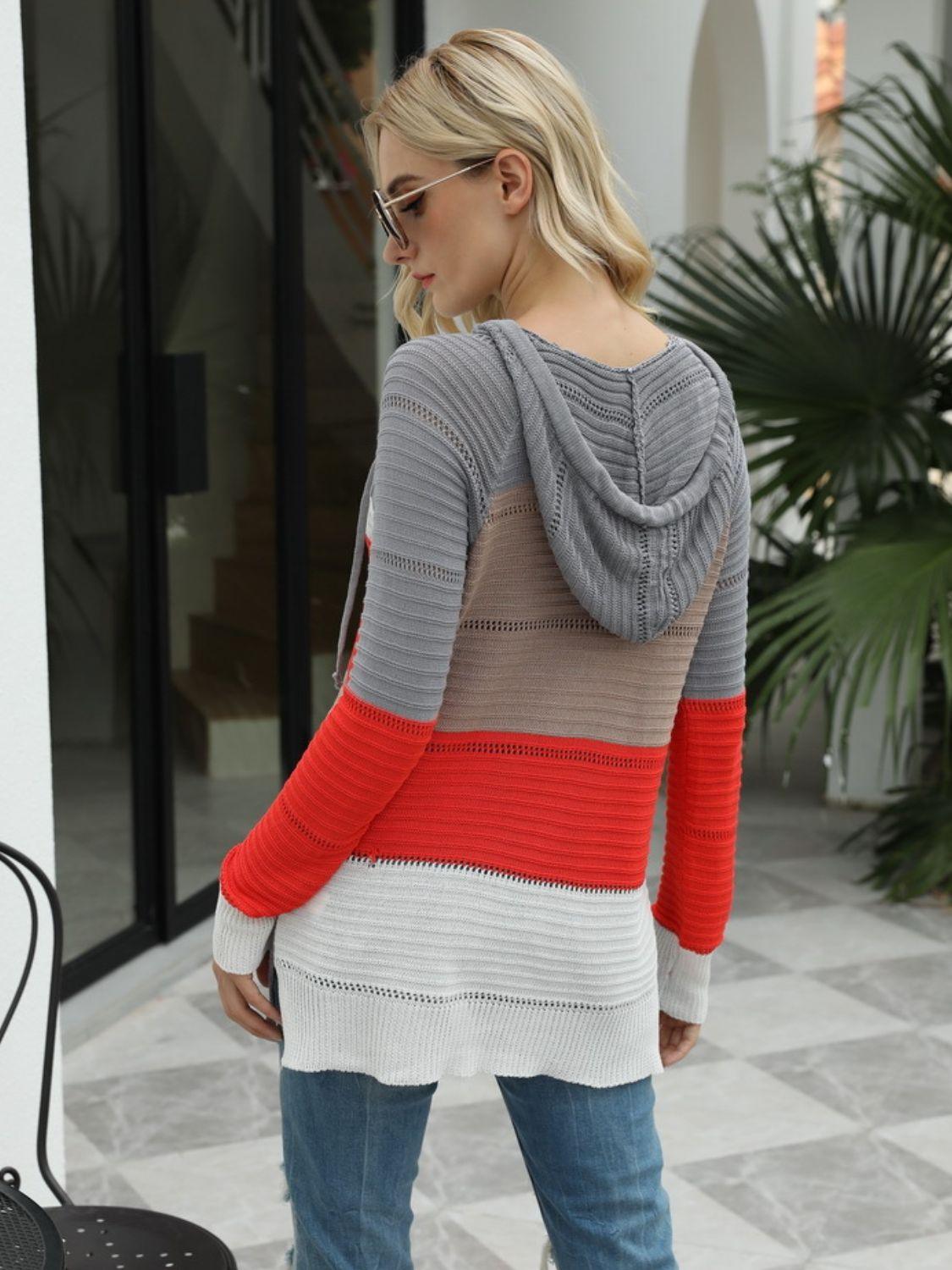 Drawstring Contrast Long Sleeve Hooded T-Shirt - Clothes For Her Online Store