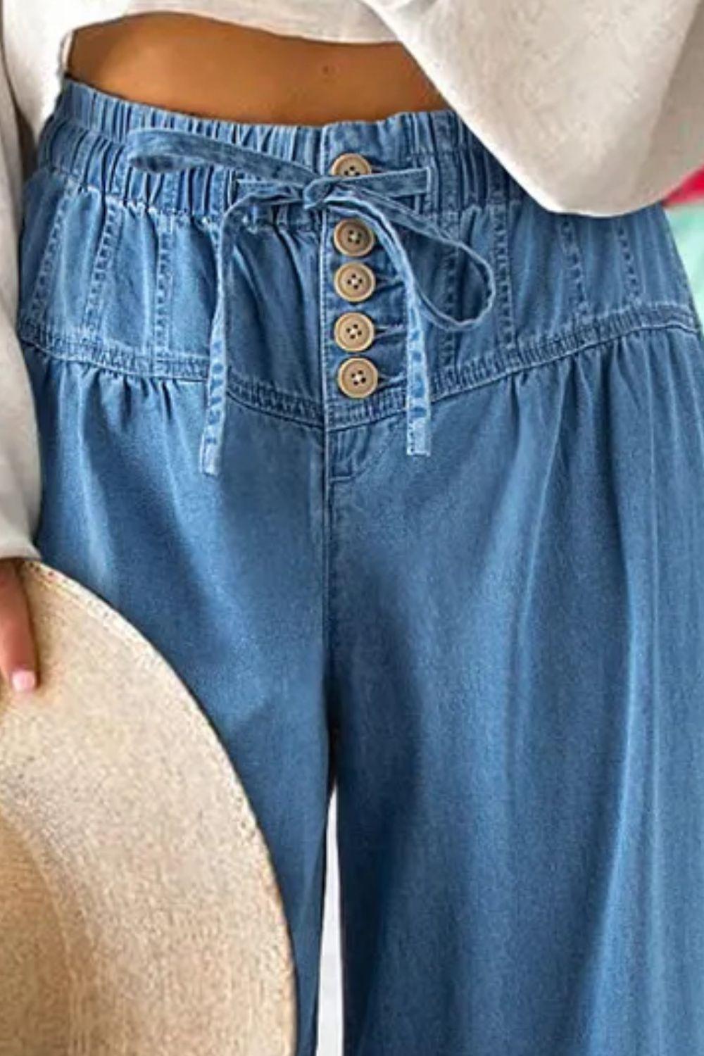 Drawstring Elastic Waist Wide Leg Jeans - Clothes For Her Online Store