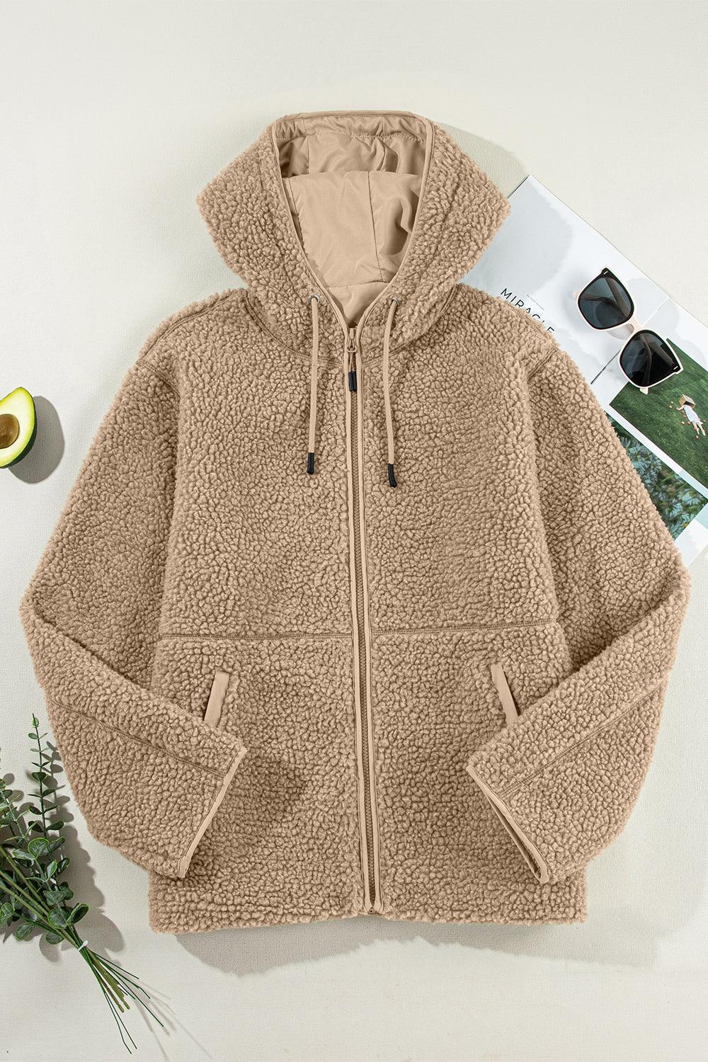 Drawstring Fleece Zip Up Hooded Jacket - Clothes For Her Online Store