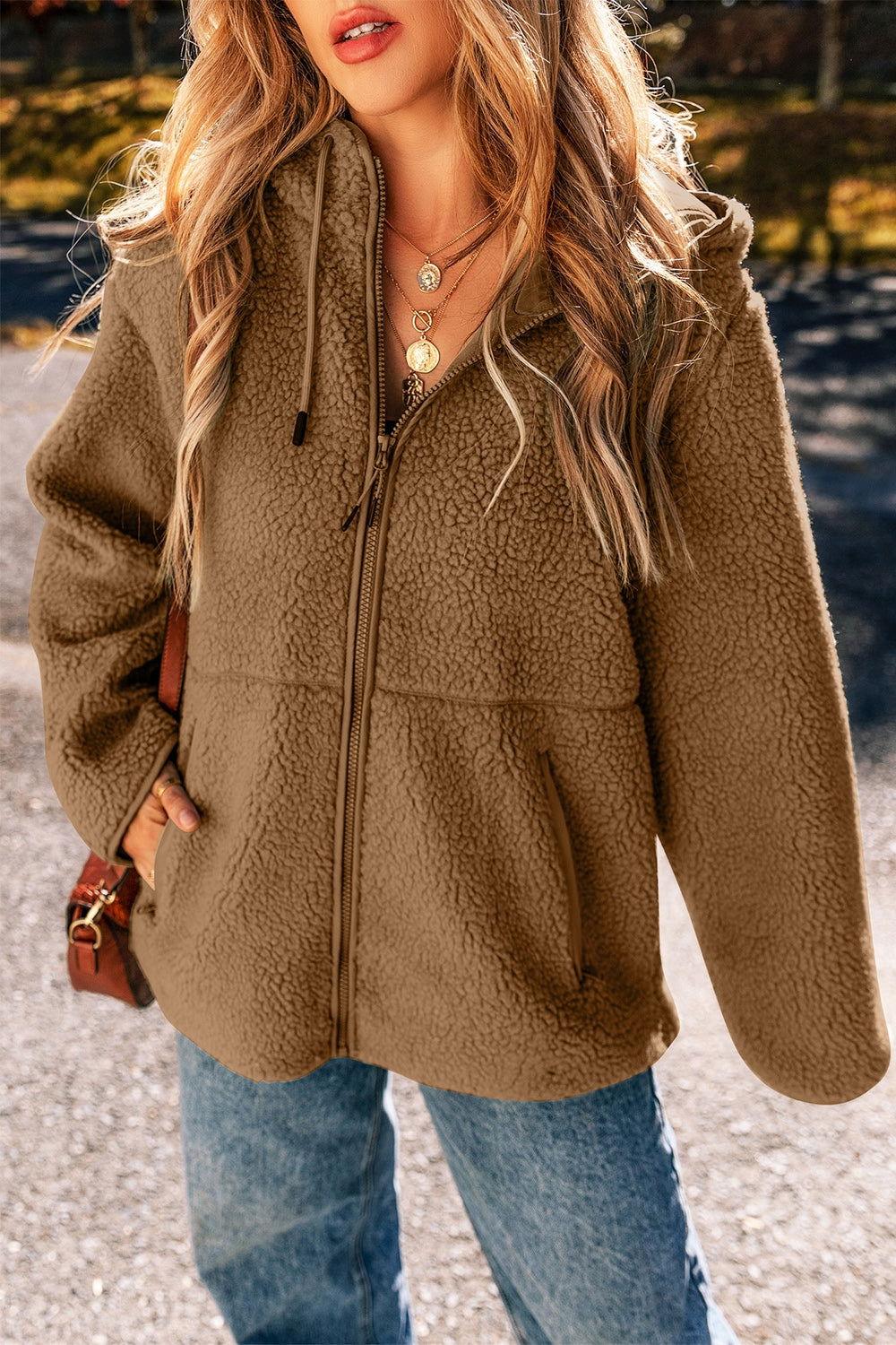 Drawstring Fleece Zip Up Hooded Jacket - Clothes For Her Online Store