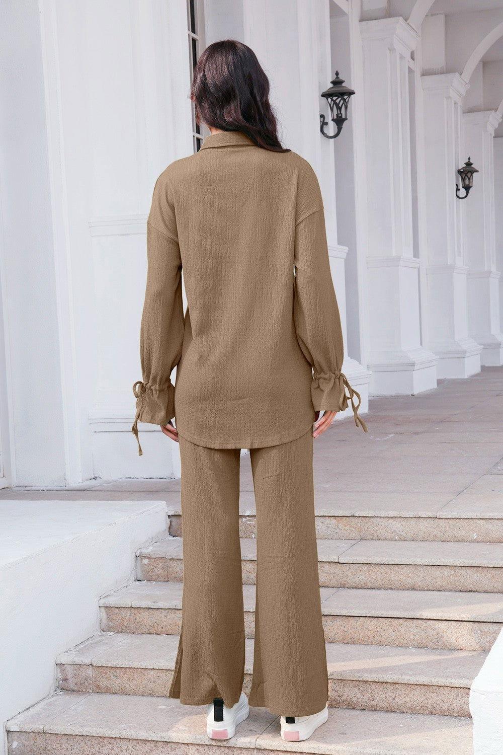 Drawstring Flounce Sleeve Shirt and Pants Set - Clothes For Her Online Store
