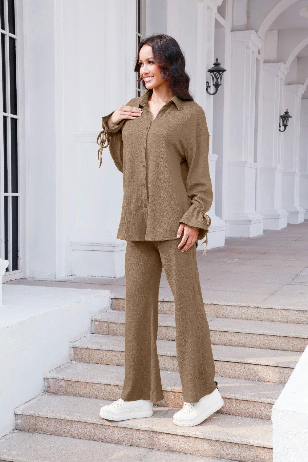 Drawstring Flounce Sleeve Shirt and Pants Set - Clothes For Her Online Store
