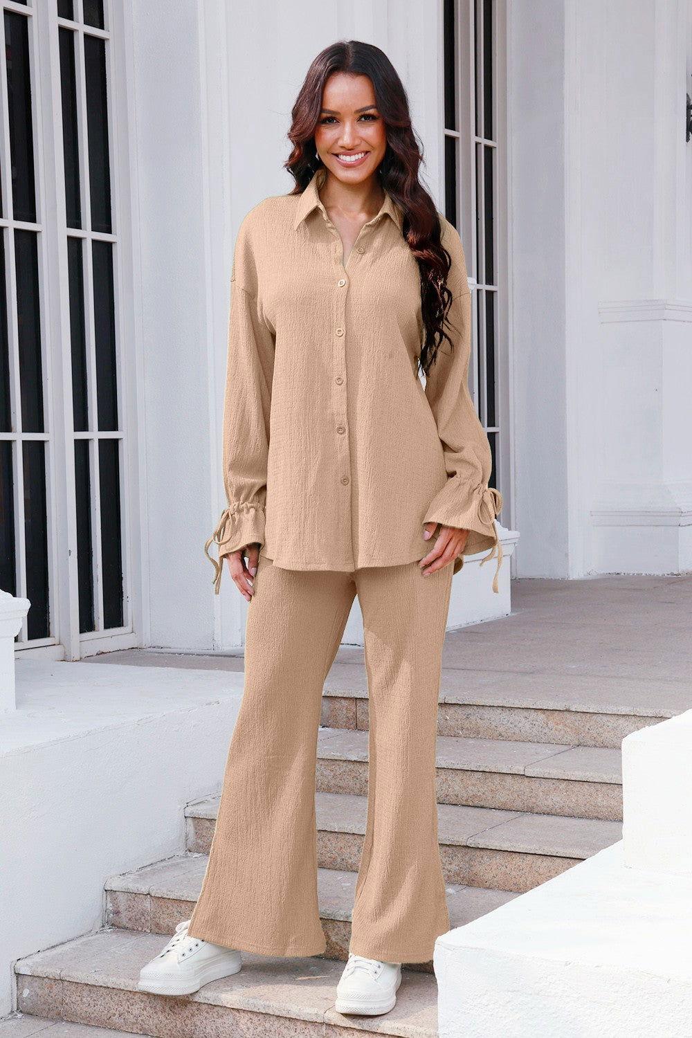 Drawstring Flounce Sleeve Shirt and Pants Set - Clothes For Her Online Store