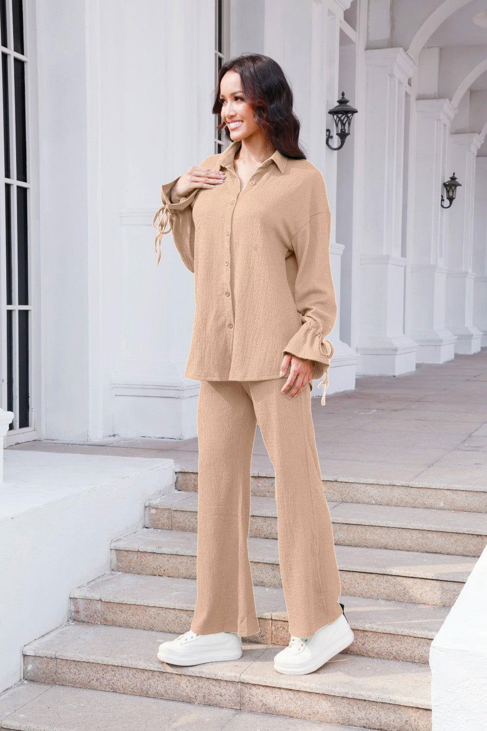 Drawstring Flounce Sleeve Shirt and Pants Set - Clothes For Her Online Store