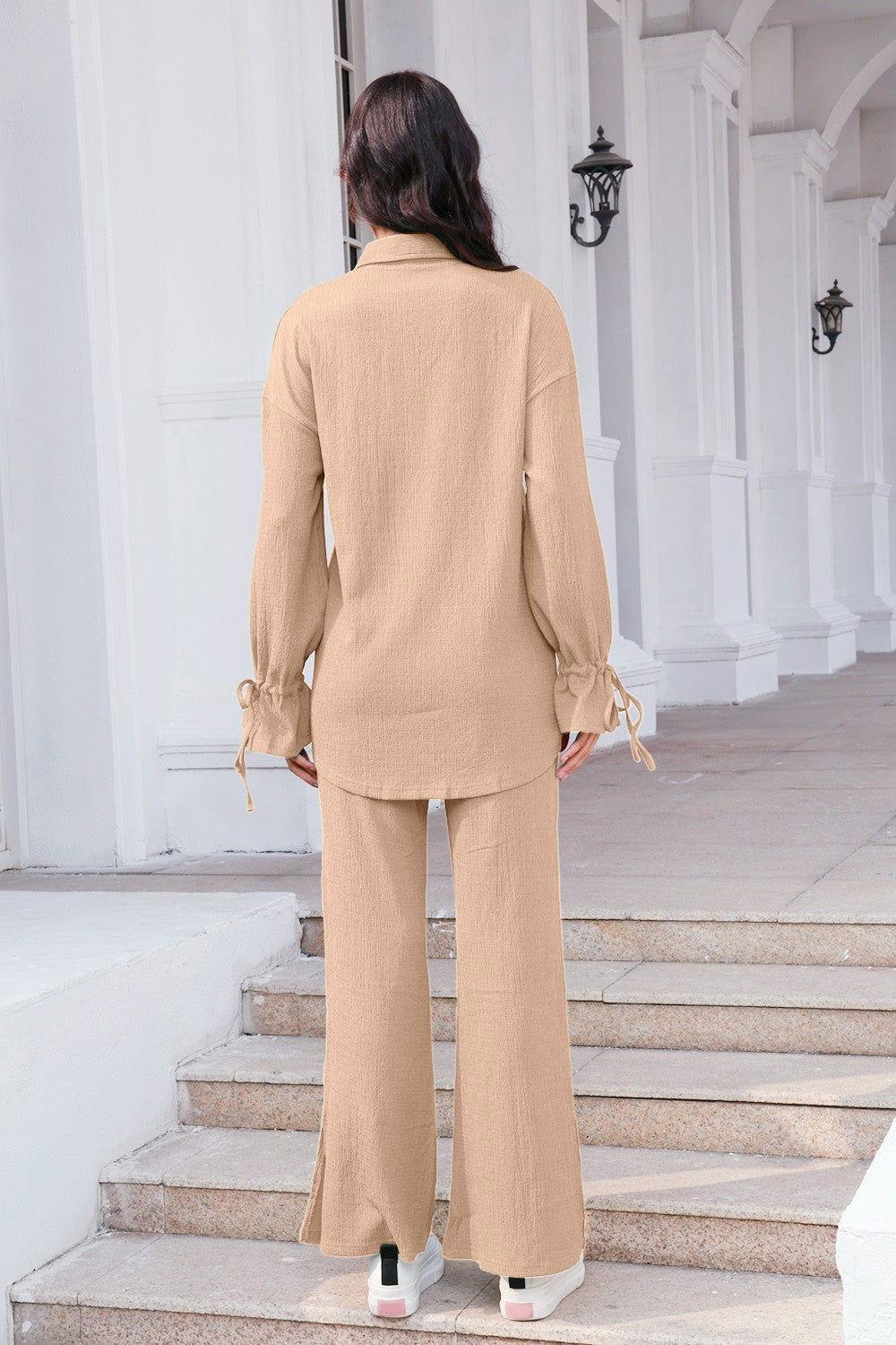 Drawstring Flounce Sleeve Shirt and Pants Set - Clothes For Her Online Store