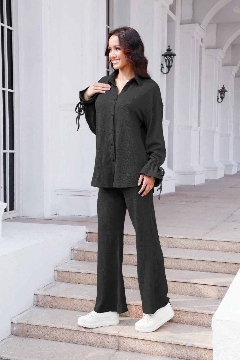 Drawstring Flounce Sleeve Shirt and Pants Set - Clothes For Her Online Store