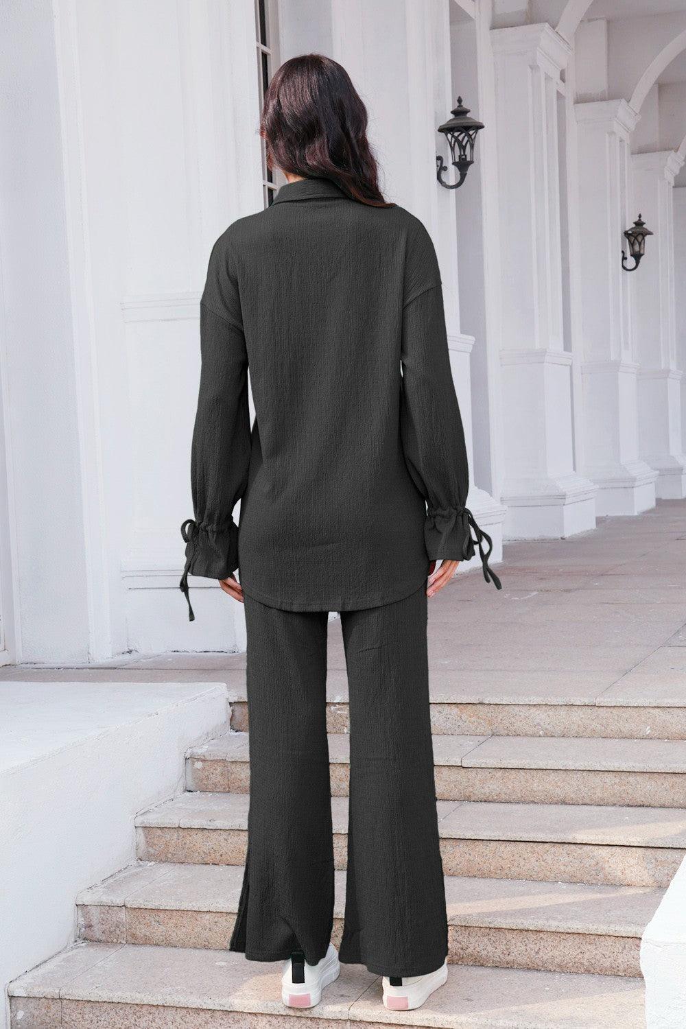 Drawstring Flounce Sleeve Shirt and Pants Set - Clothes For Her Online Store