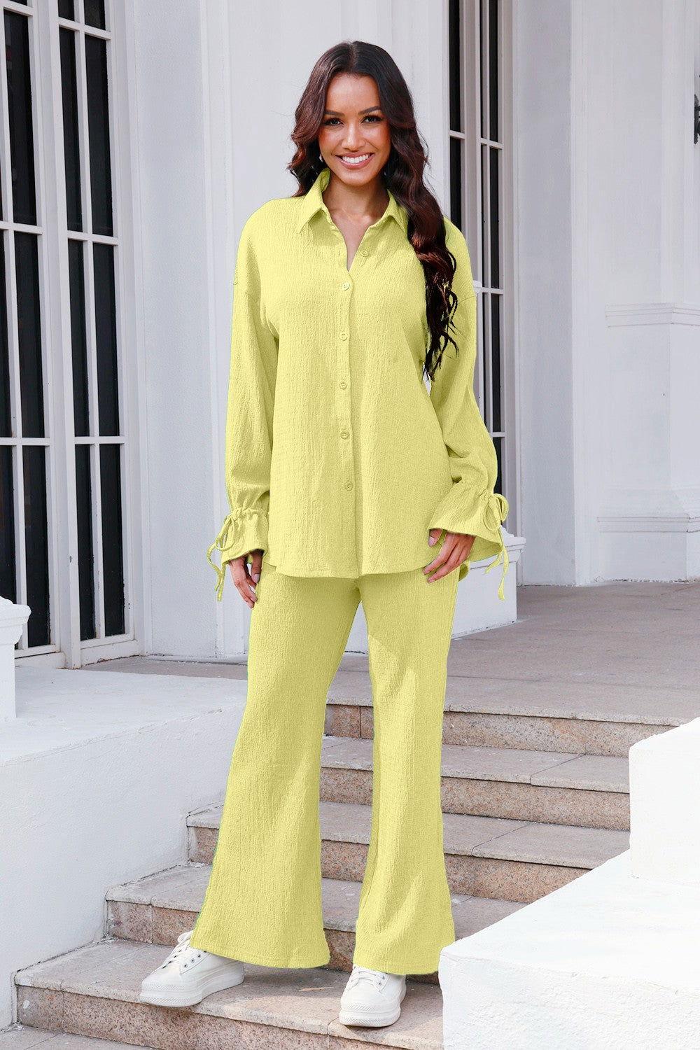 Drawstring Flounce Sleeve Shirt and Pants Set - Clothes For Her Online Store