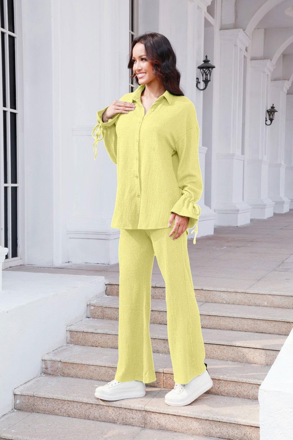 Drawstring Flounce Sleeve Shirt and Pants Set - Clothes For Her Online Store