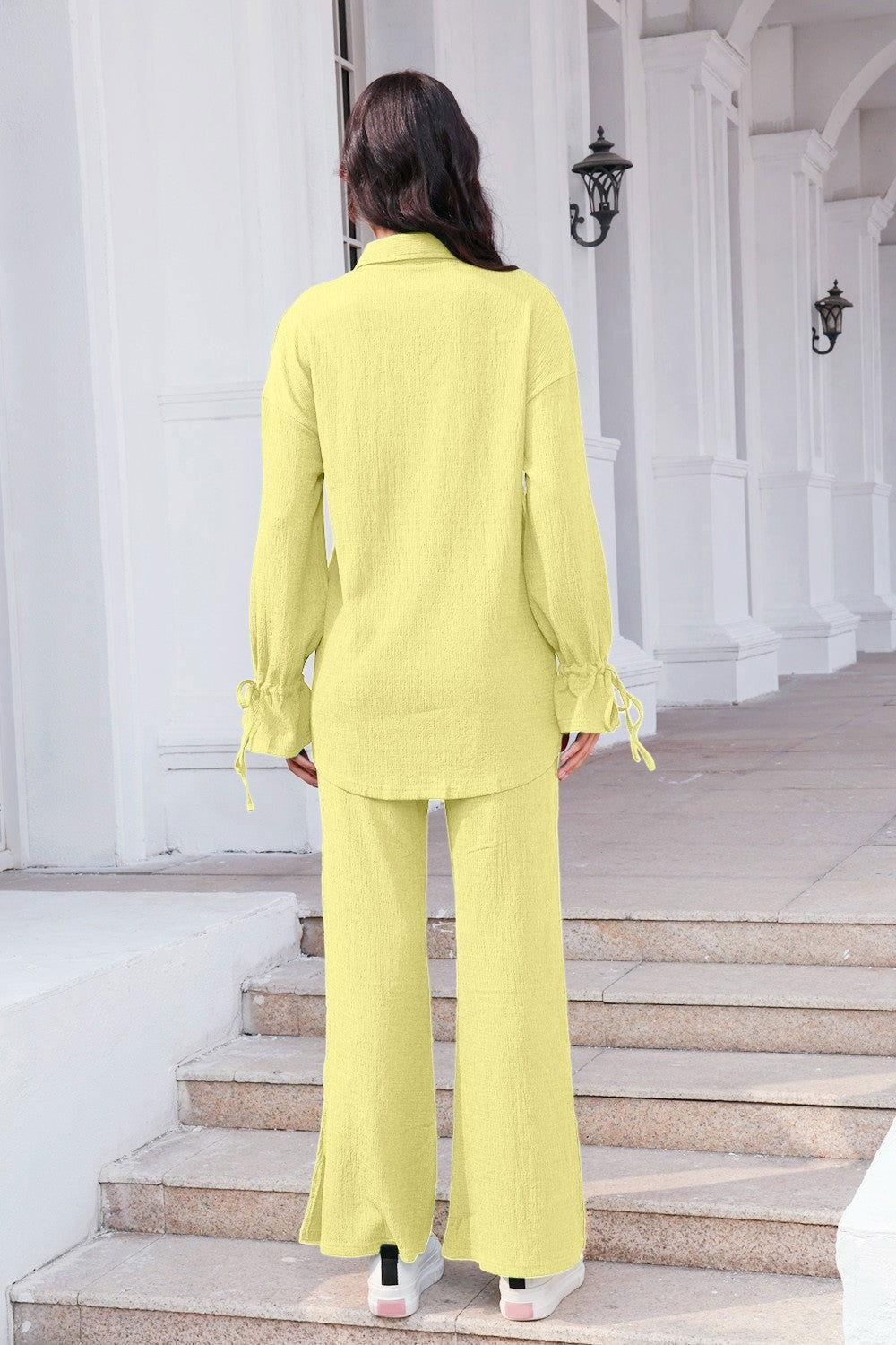 Drawstring Flounce Sleeve Shirt and Pants Set - Clothes For Her Online Store