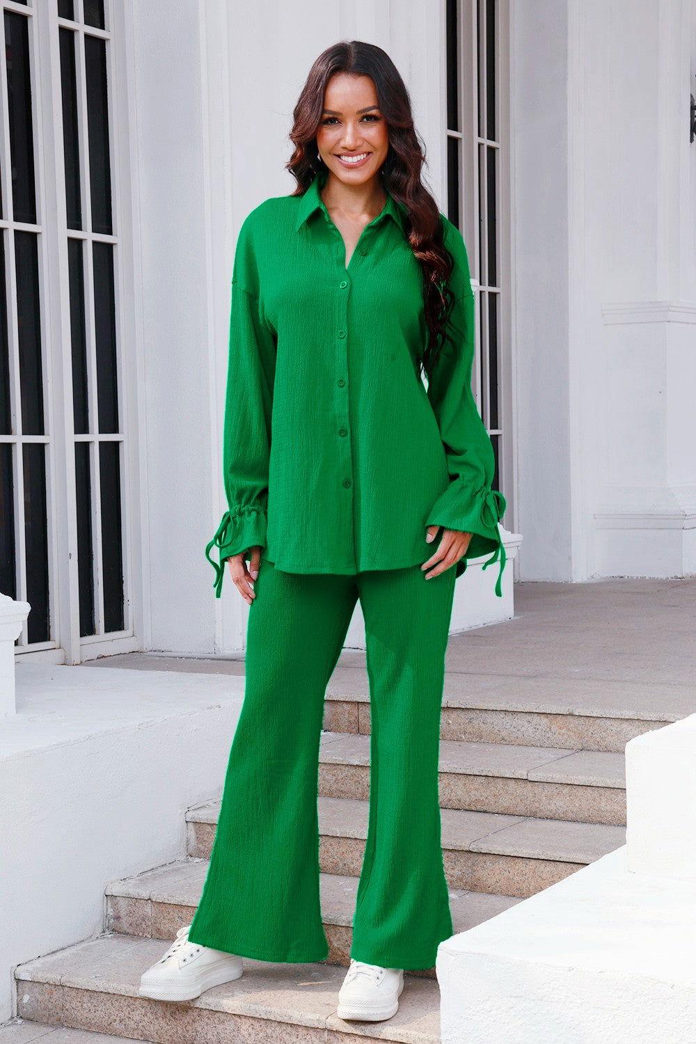 Drawstring Flounce Sleeve Shirt and Pants Set - Clothes For Her Online Store