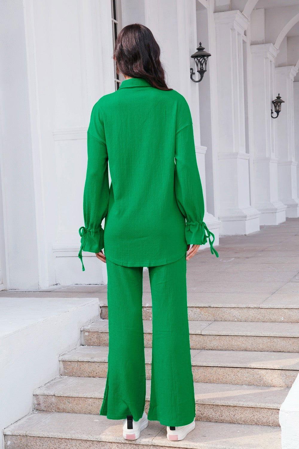 Drawstring Flounce Sleeve Shirt and Pants Set - Clothes For Her Online Store