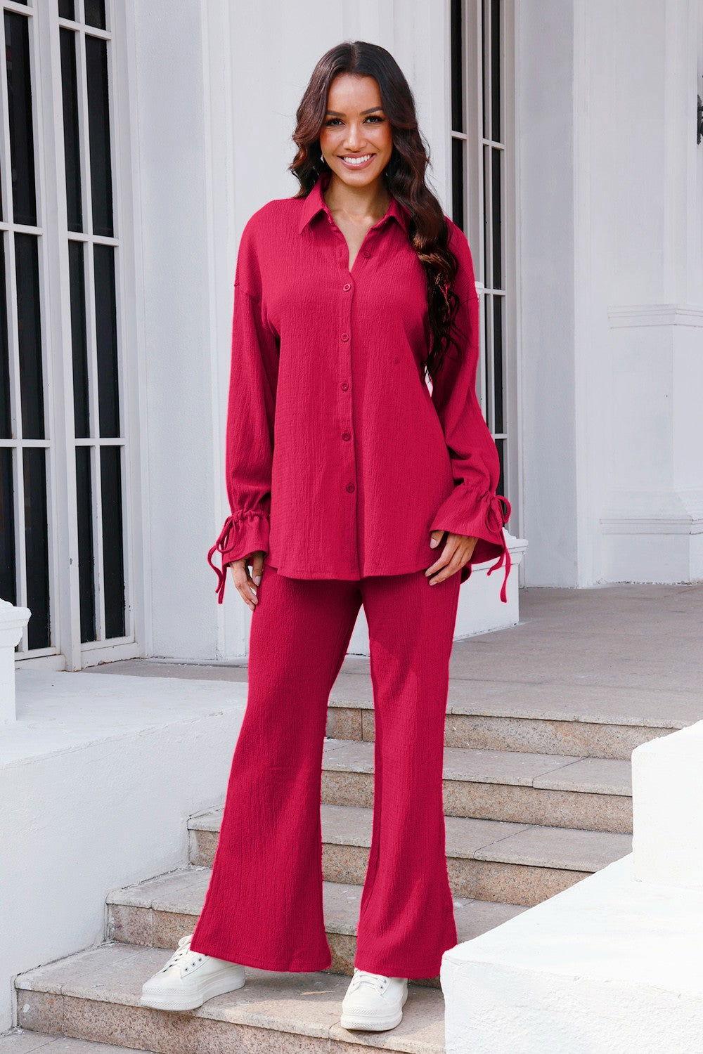 Drawstring Flounce Sleeve Shirt and Pants Set - Clothes For Her Online Store
