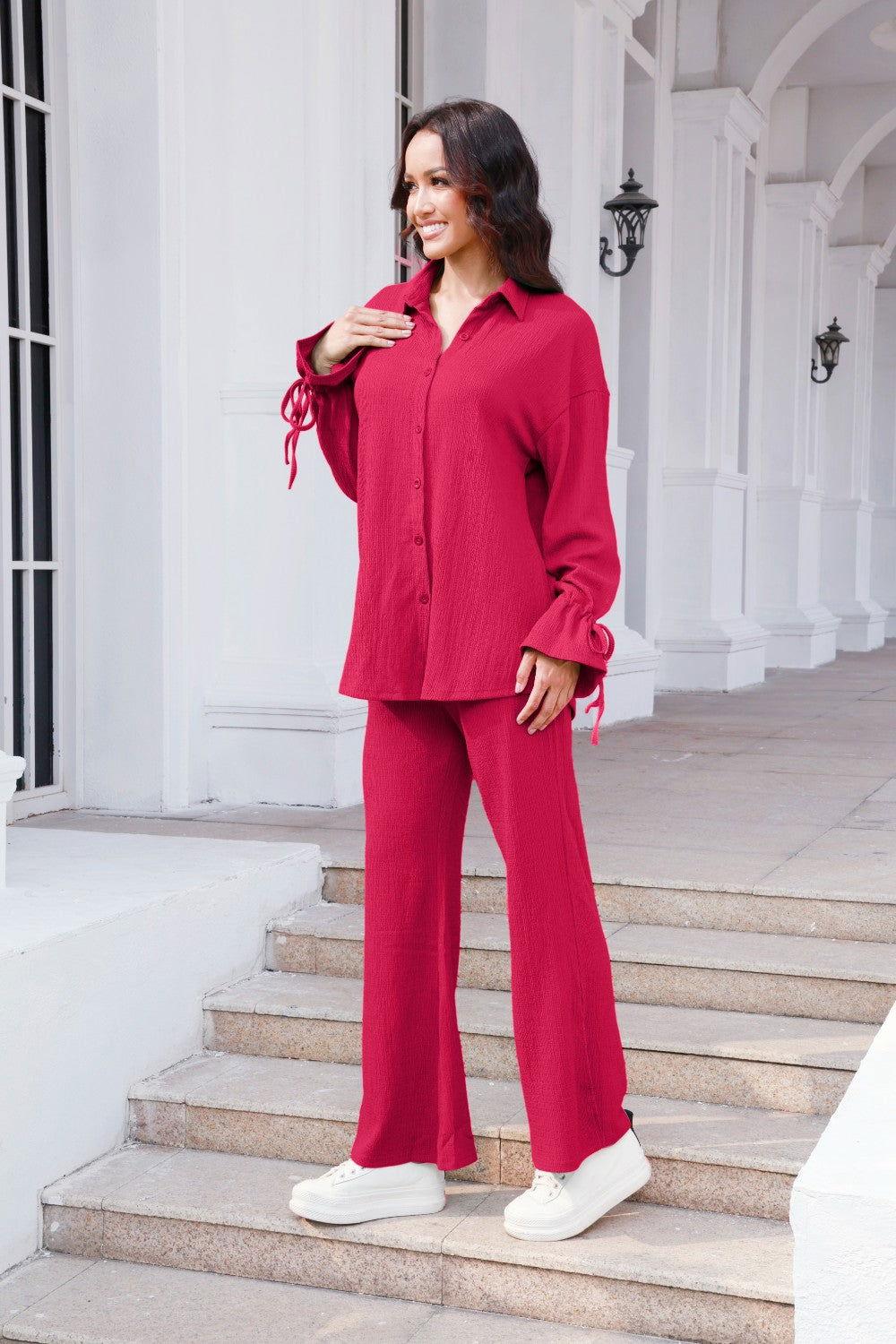 Drawstring Flounce Sleeve Shirt and Pants Set - Clothes For Her Online Store