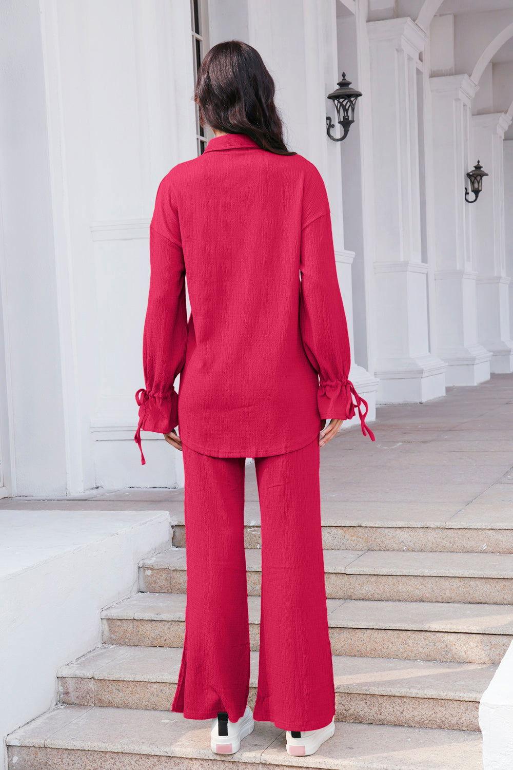 Drawstring Flounce Sleeve Shirt and Pants Set - Clothes For Her Online Store