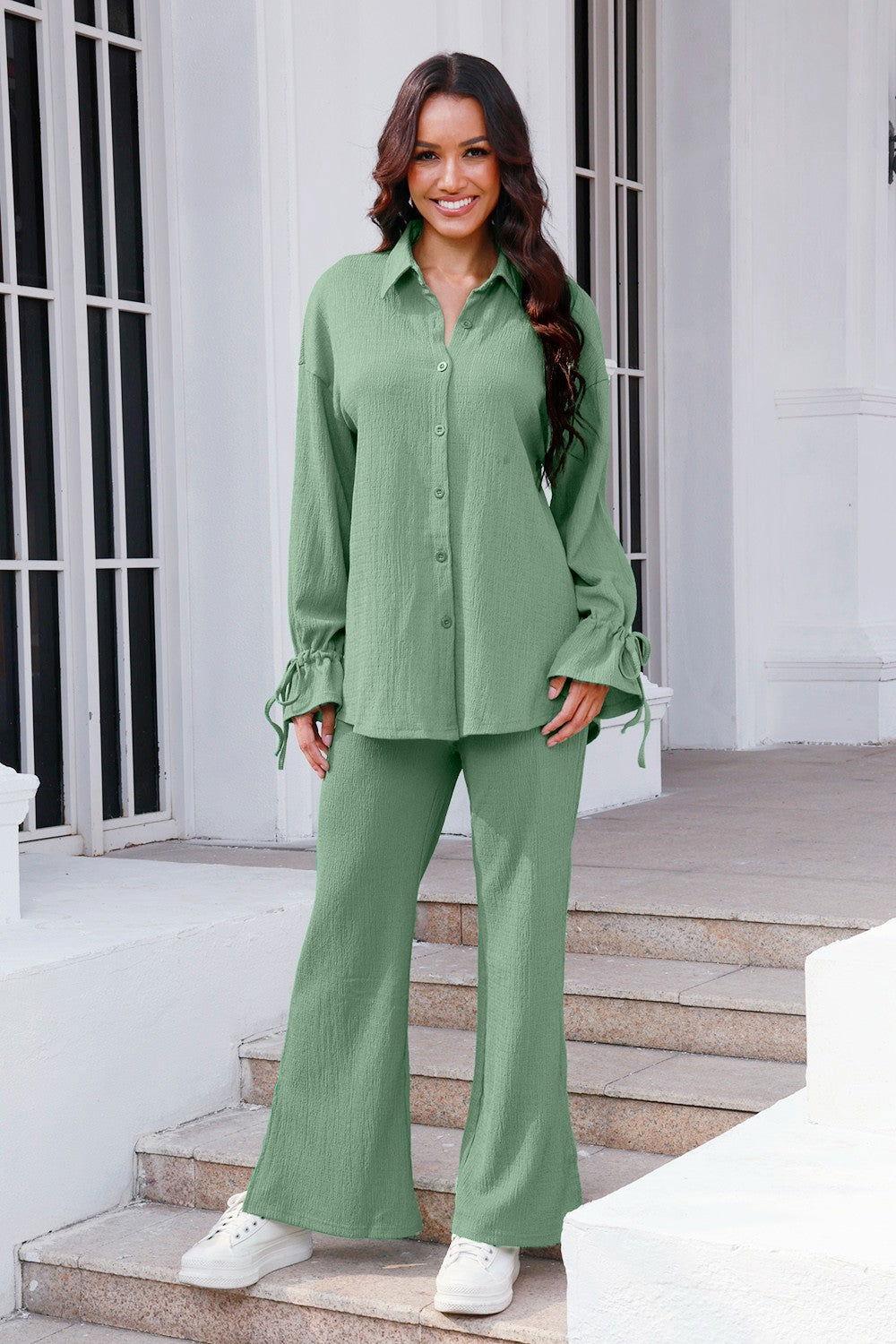 Drawstring Flounce Sleeve Shirt and Pants Set - Clothes For Her Online Store