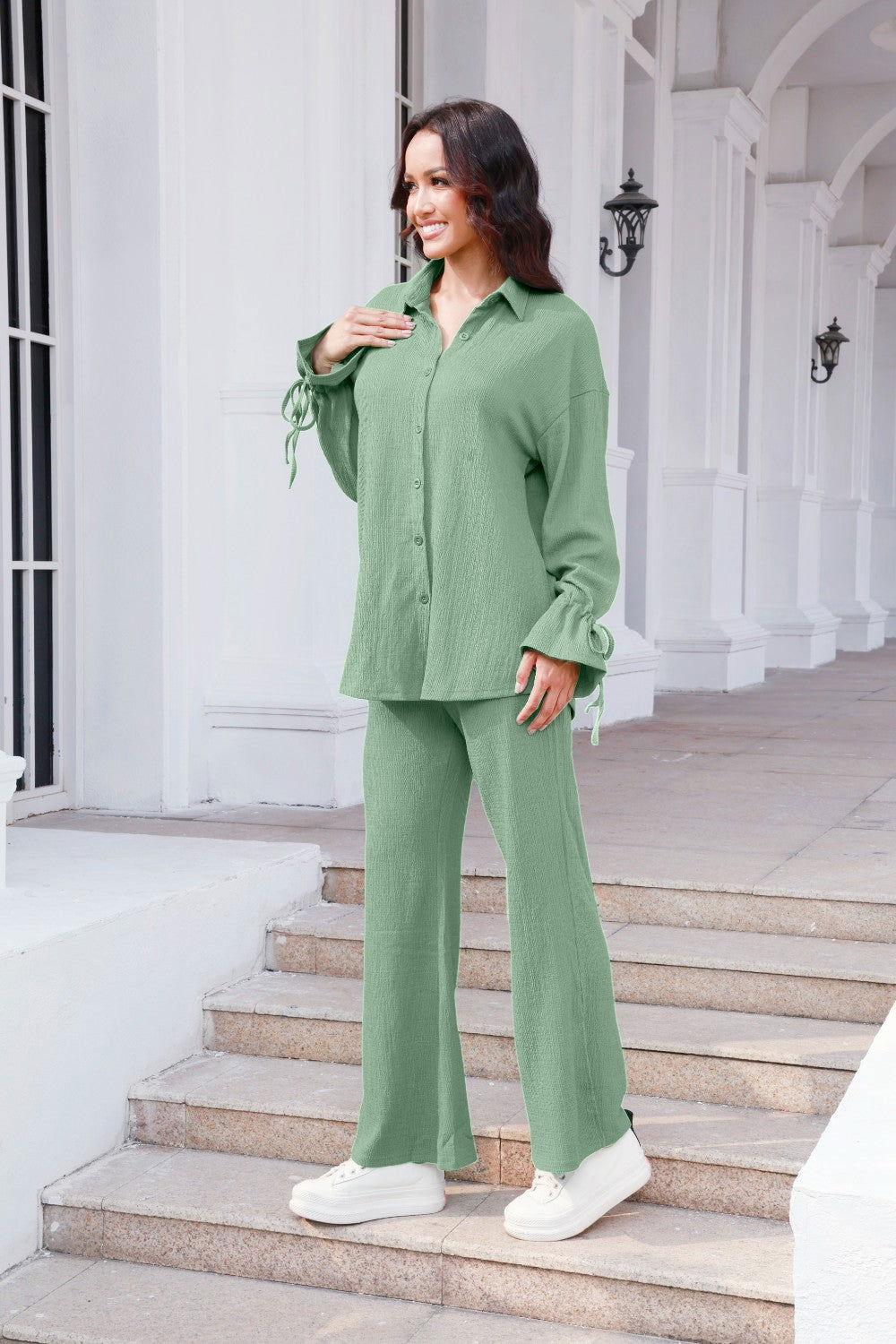Drawstring Flounce Sleeve Shirt and Pants Set - Clothes For Her Online Store