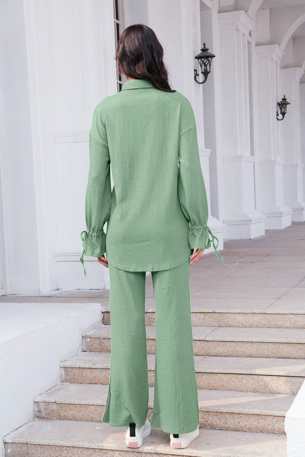 Drawstring Flounce Sleeve Shirt and Pants Set - Clothes For Her Online Store
