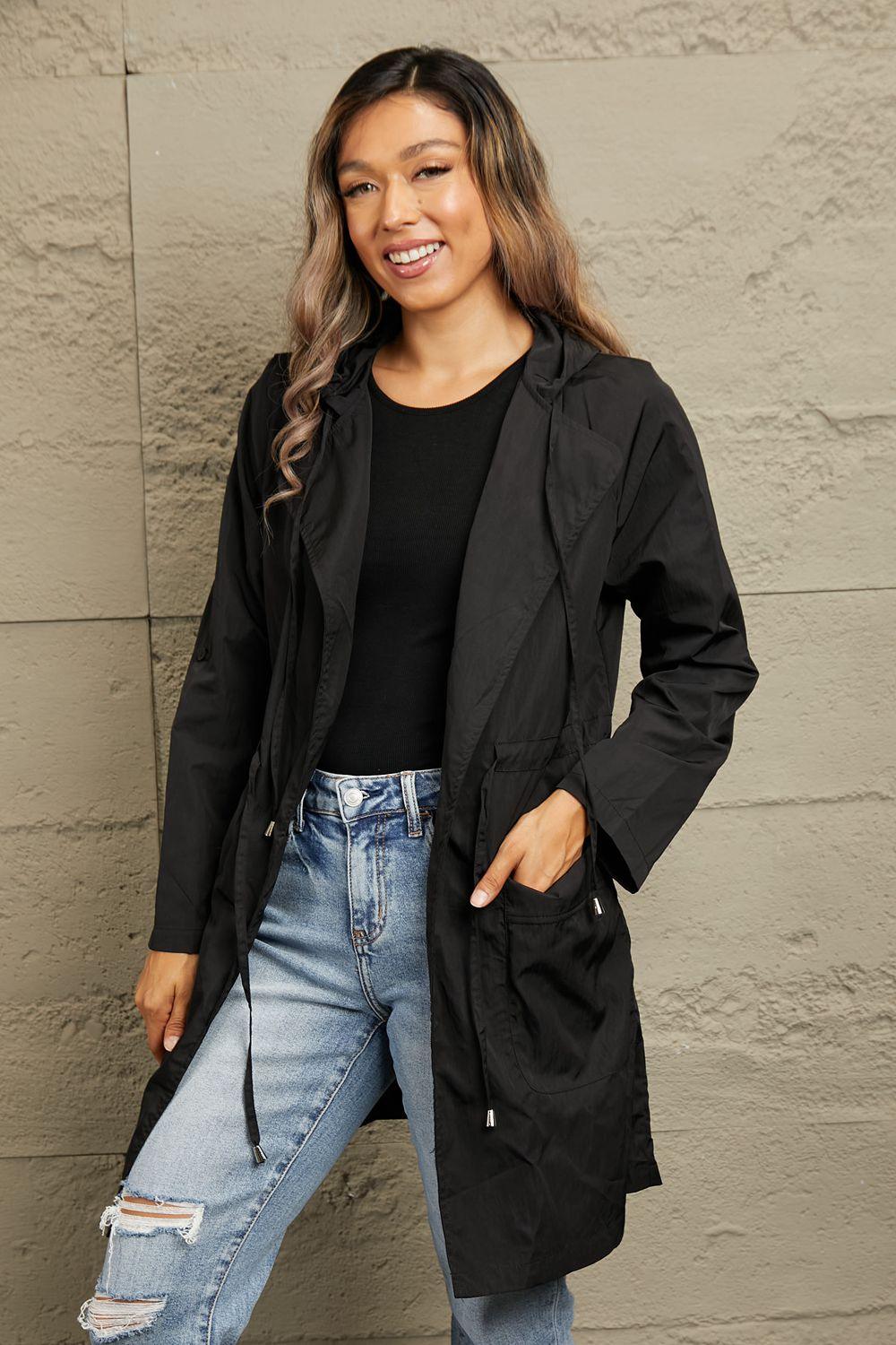 Drawstring Hooded Longline Jacket - Clothes For Her Online Store