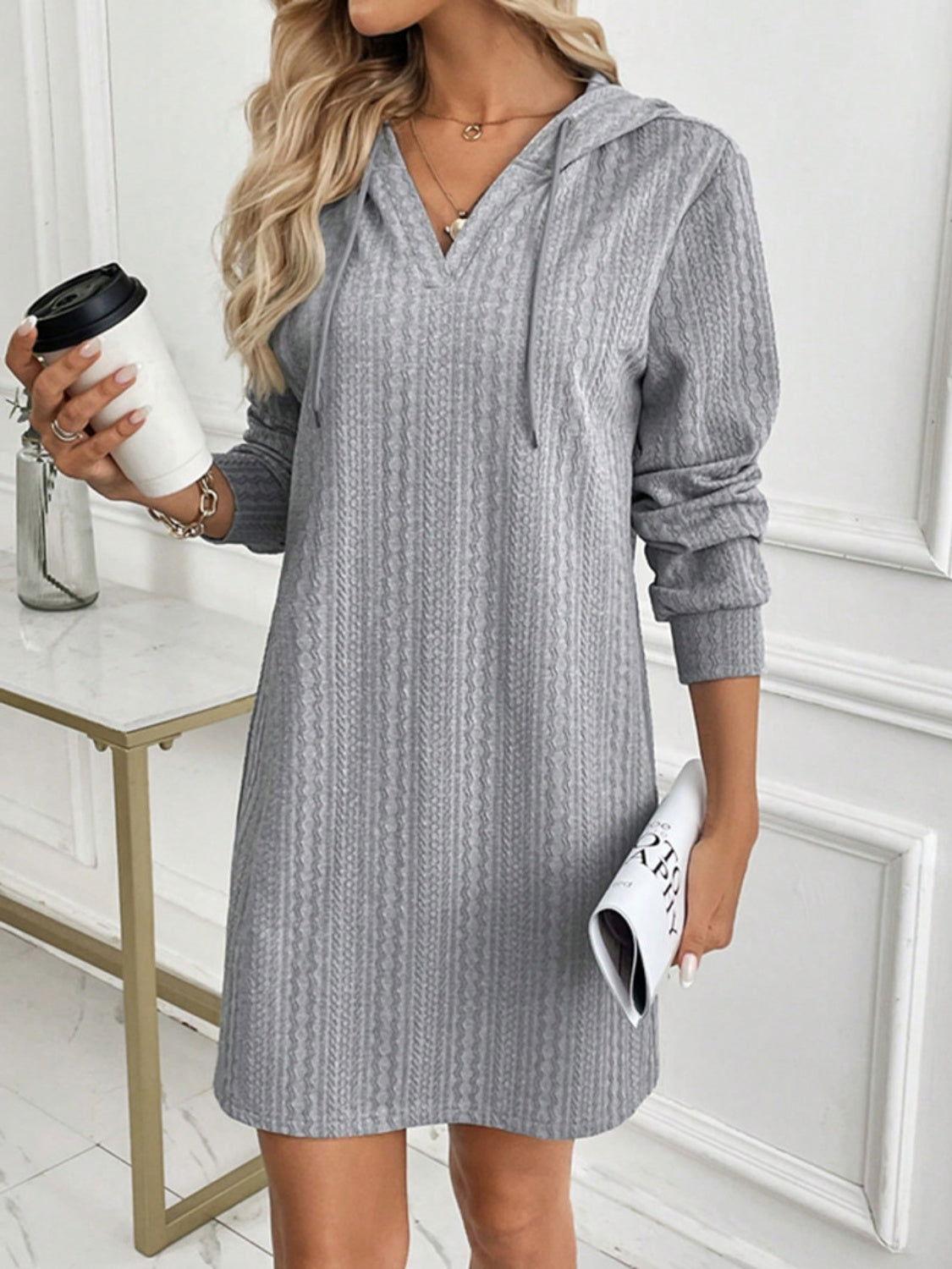 Drawstring Long Sleeve Hooded Mini Dress - Clothes For Her Online Store