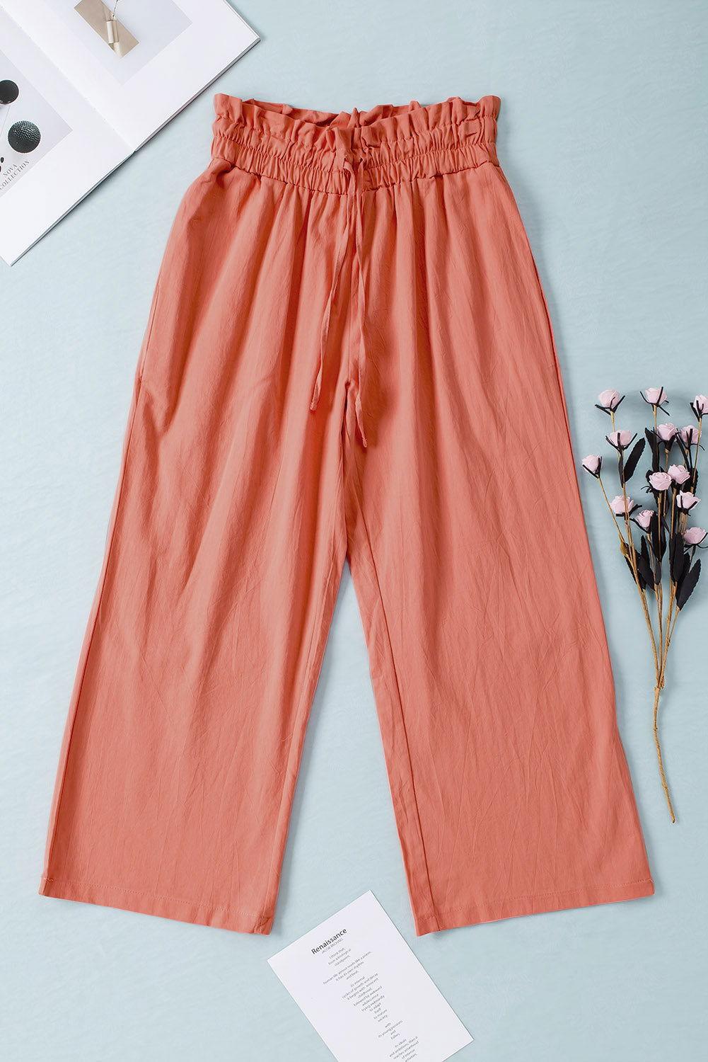 Drawstring Paperbag Waist Wide Leg Pants - Clothes For Her Online Store