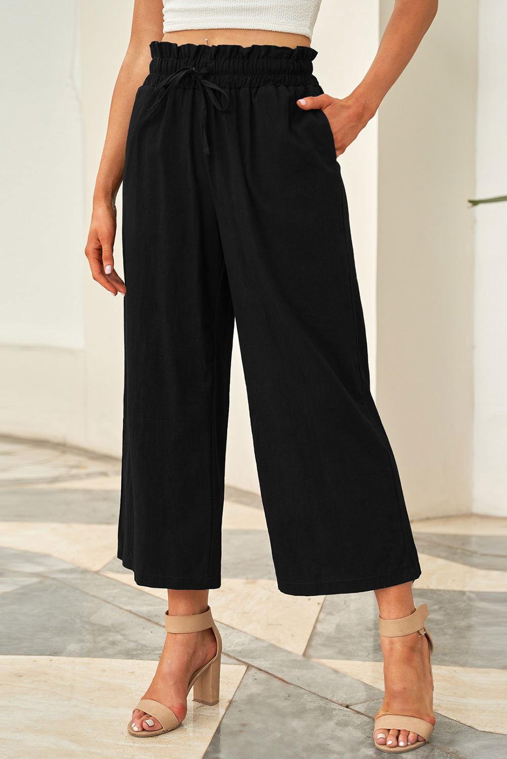 Drawstring Paperbag Waist Wide Leg Pants - Clothes For Her Online Store