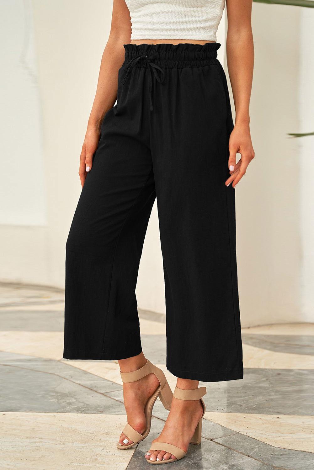 Drawstring Paperbag Waist Wide Leg Pants - Clothes For Her Online Store