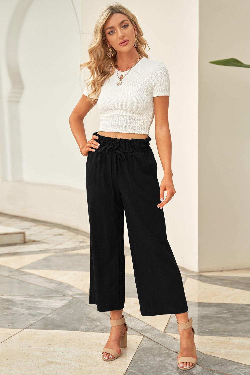 Drawstring Paperbag Waist Wide Leg Pants - Clothes For Her Online Store