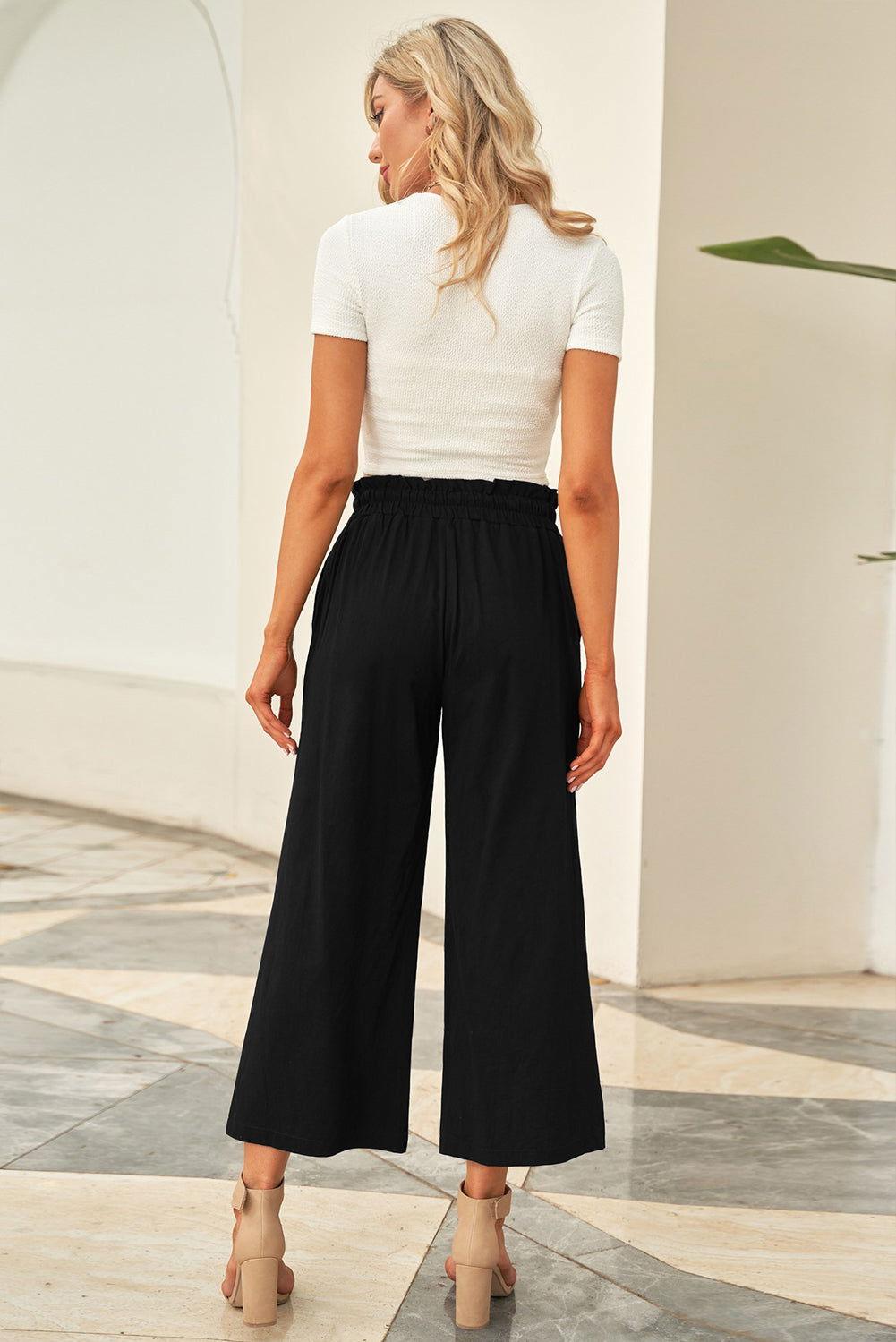 Drawstring Paperbag Waist Wide Leg Pants - Clothes For Her Online Store