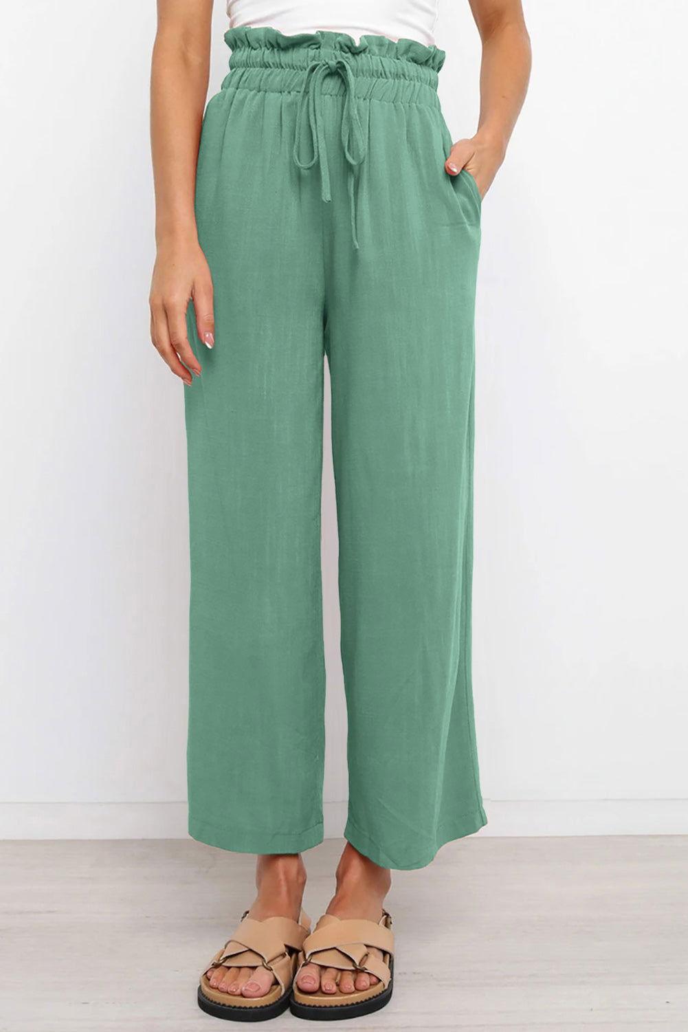 Drawstring Paperbag Waist Wide Leg Pants - Clothes For Her Online Store