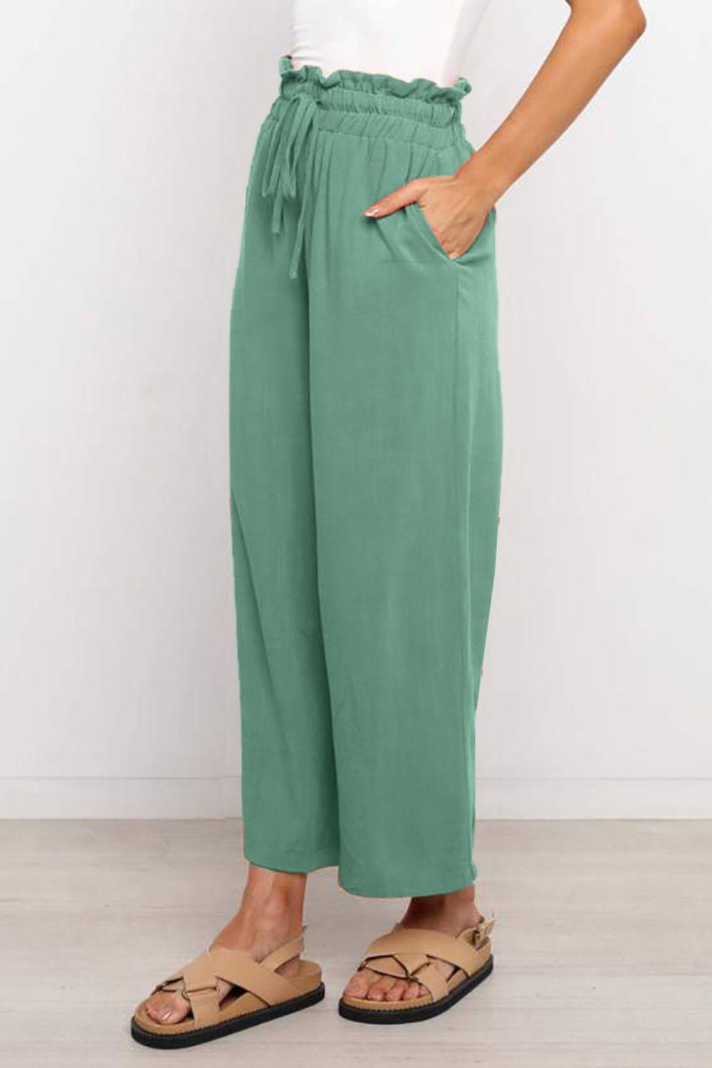 Drawstring Paperbag Waist Wide Leg Pants - Clothes For Her Online Store