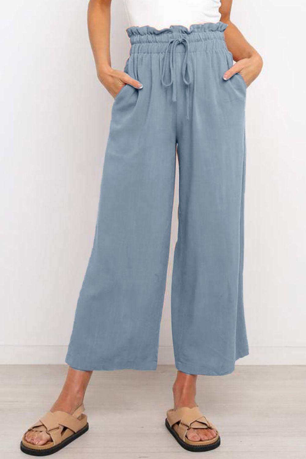 Drawstring Paperbag Waist Wide Leg Pants - Clothes For Her Online Store