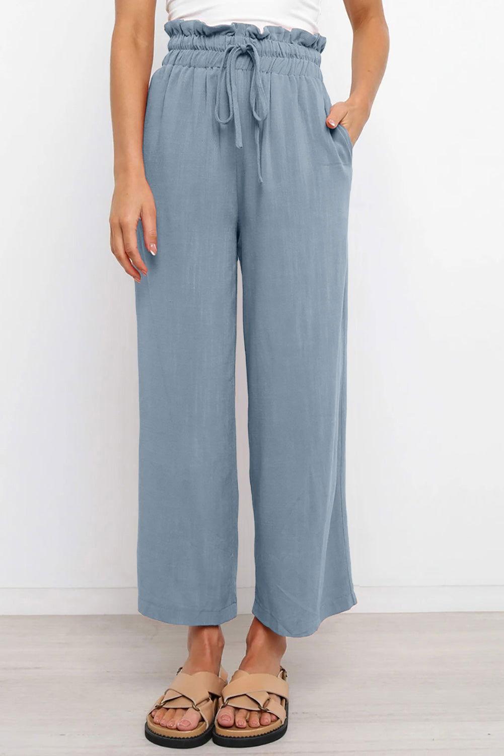 Drawstring Paperbag Waist Wide Leg Pants - Clothes For Her Online Store