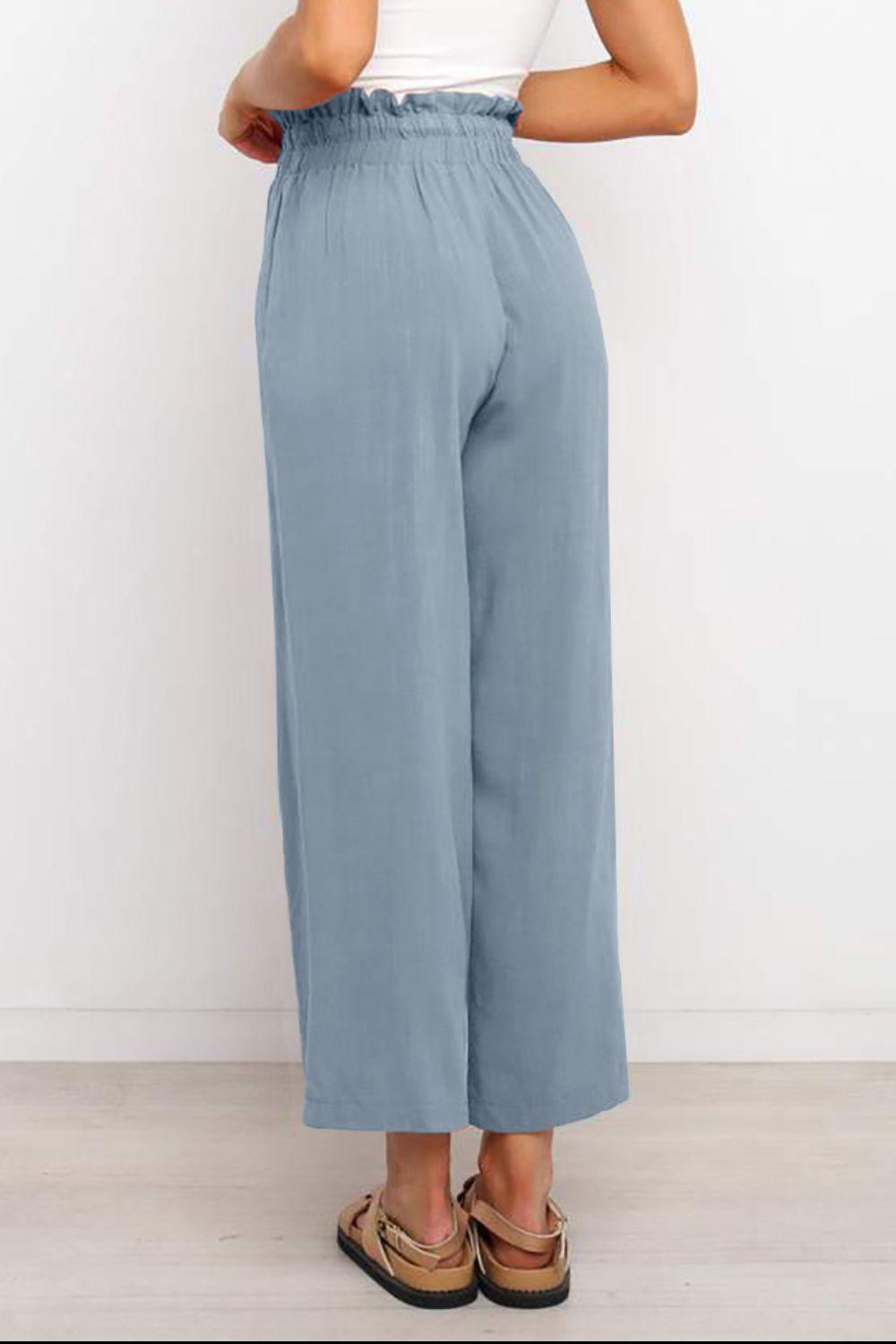 Drawstring Paperbag Waist Wide Leg Pants - Clothes For Her Online Store
