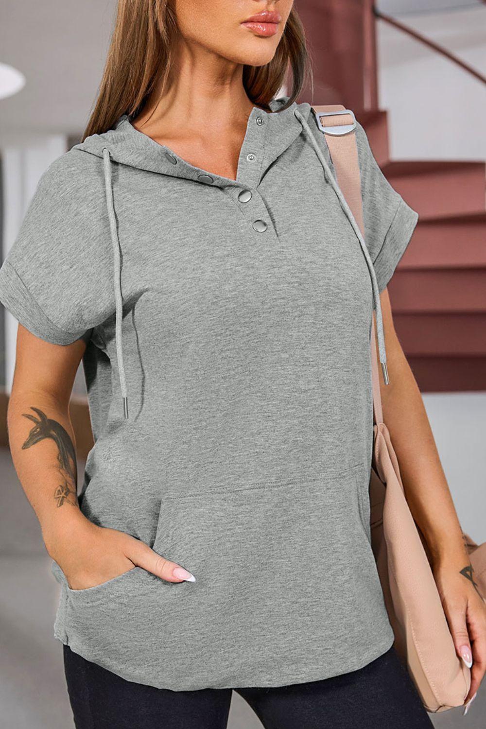 Drawstring Quarter Snap Cap Sleeve Hoodie - Clothes For Her Online Store